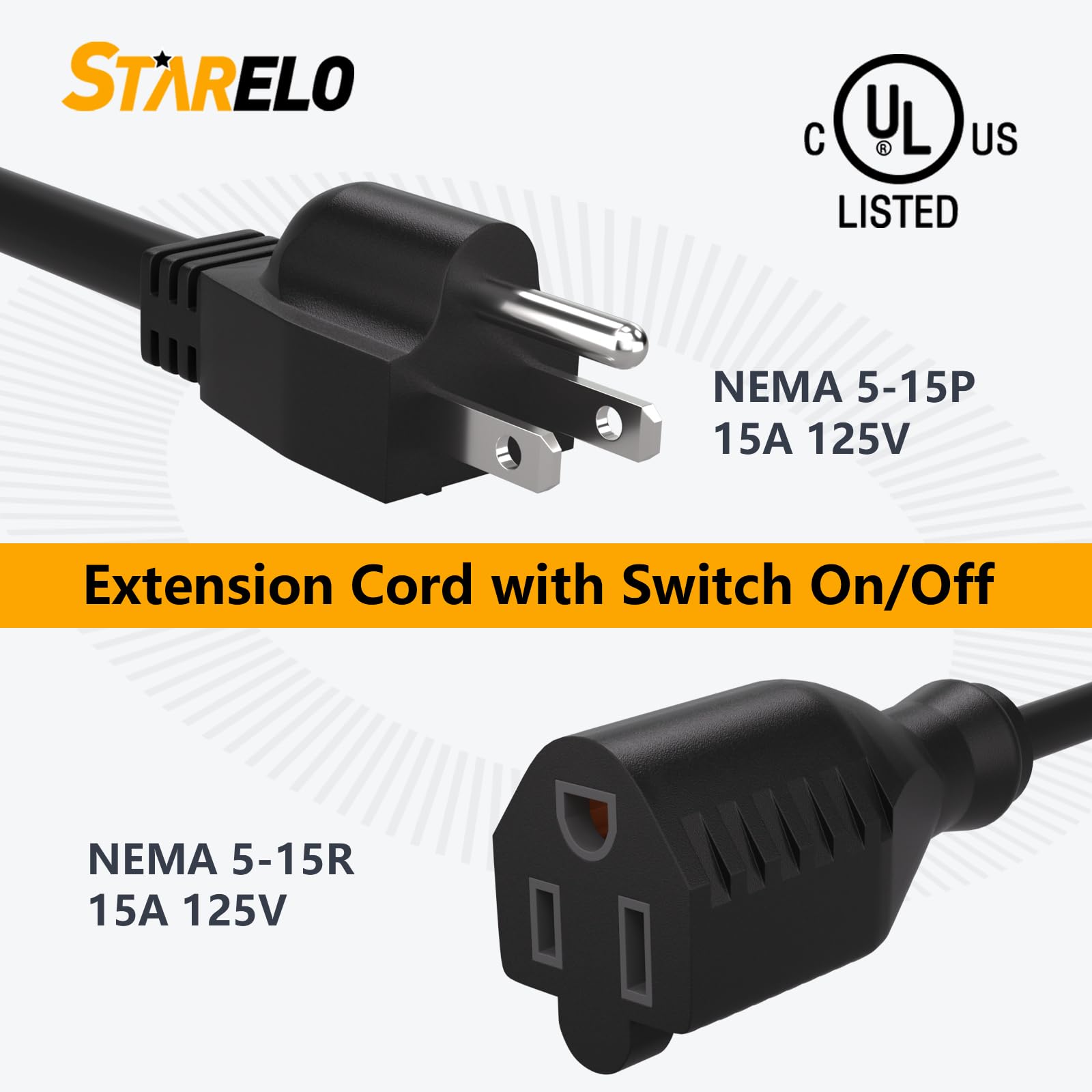 Starelo 2 Way 3 Prong Extension Cord With On/Off Switch,3 Prong,Y Splitter, Pimary 14Awg 15A/125V And Secondary 18Awg 10A/125V W