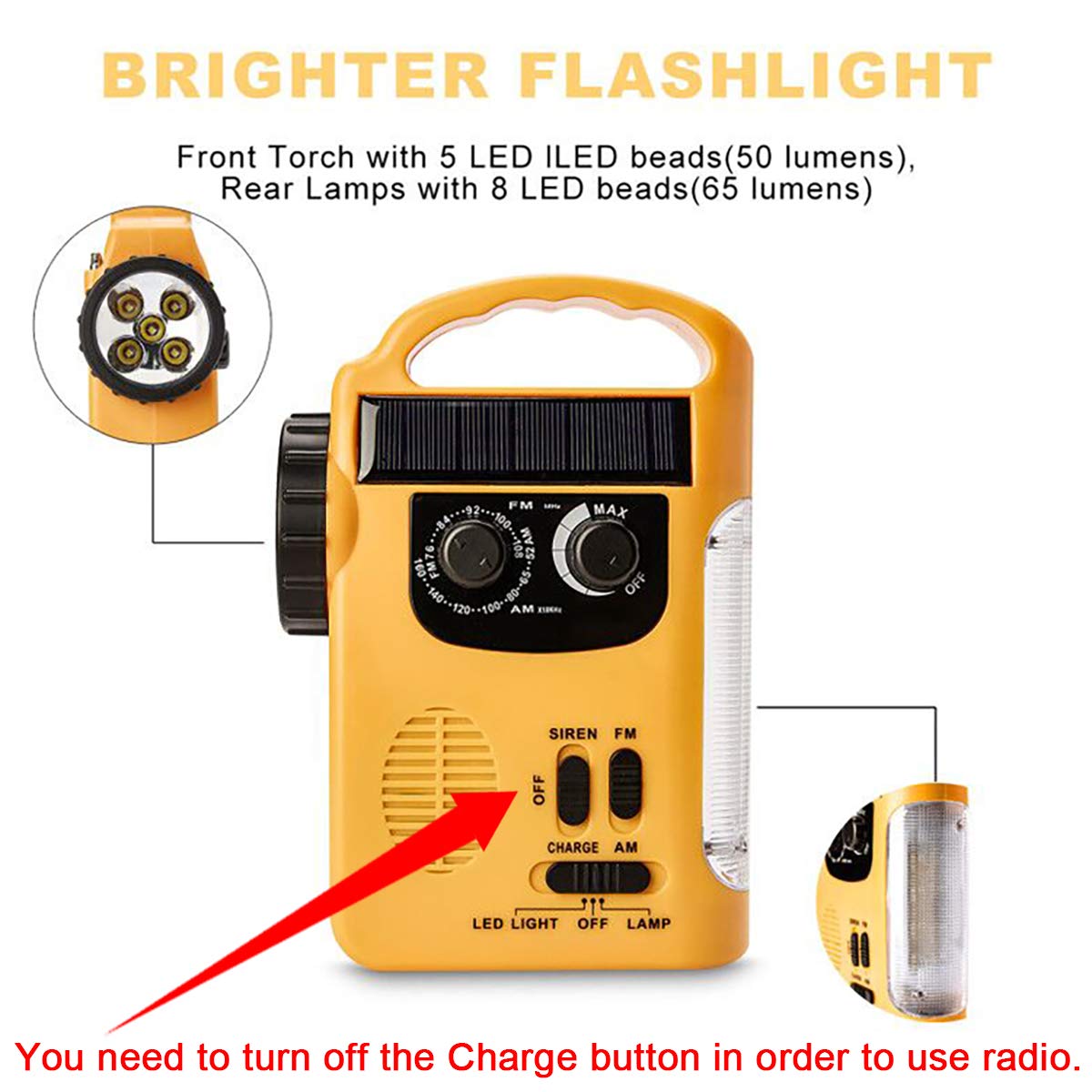 Hoshine Multi Functional 4 Way Powered Led Camping Lantern & Flashlight With Am/Fm Radio & Cell Phone Charger, Color Yellow