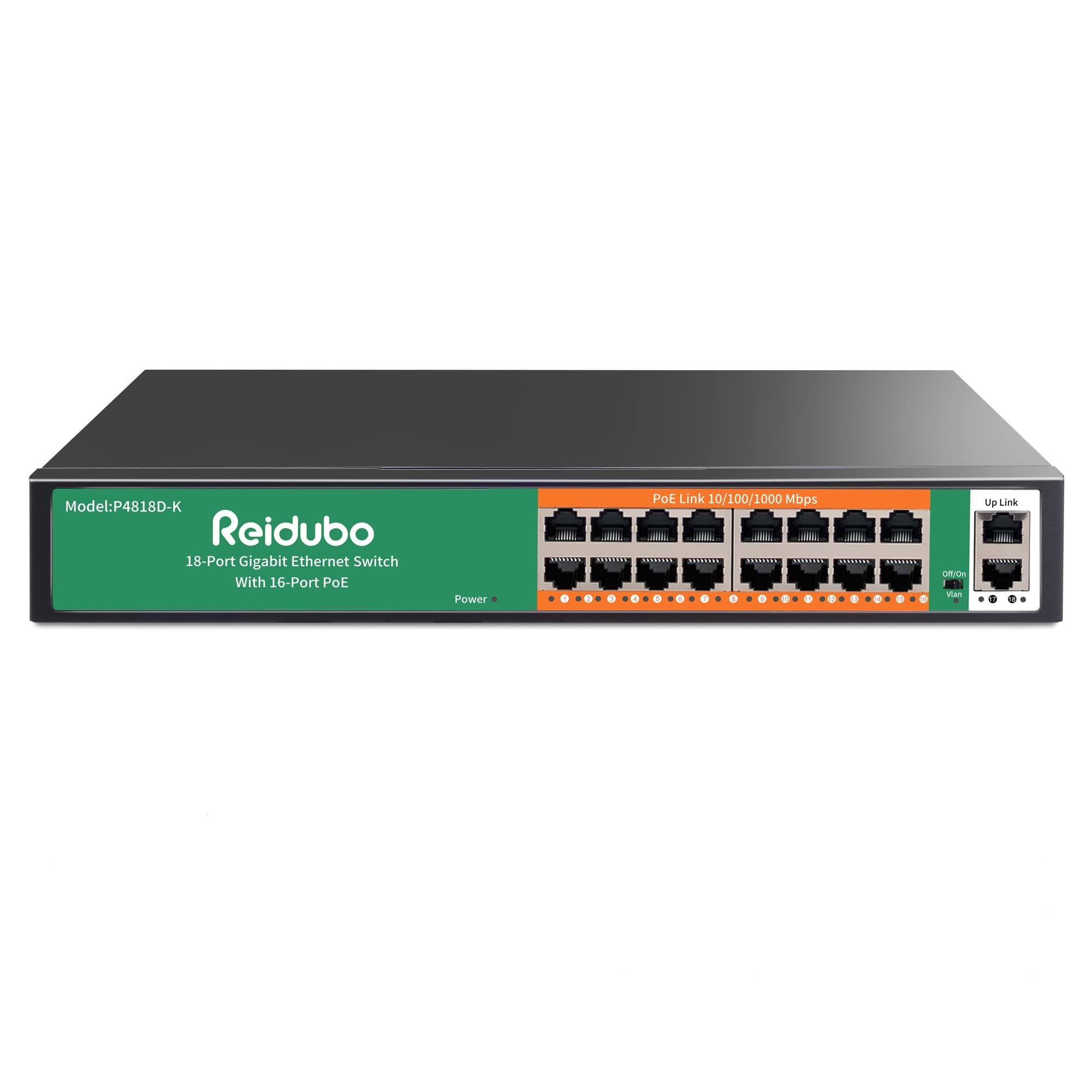 Reidubo 18 Ports Gigabit Poe Switch,16 Port Gigabit Poe+ Network Switch With 2 Uplink Gigabit Ports, 250W, Unmanaged, 19 Inch Ra