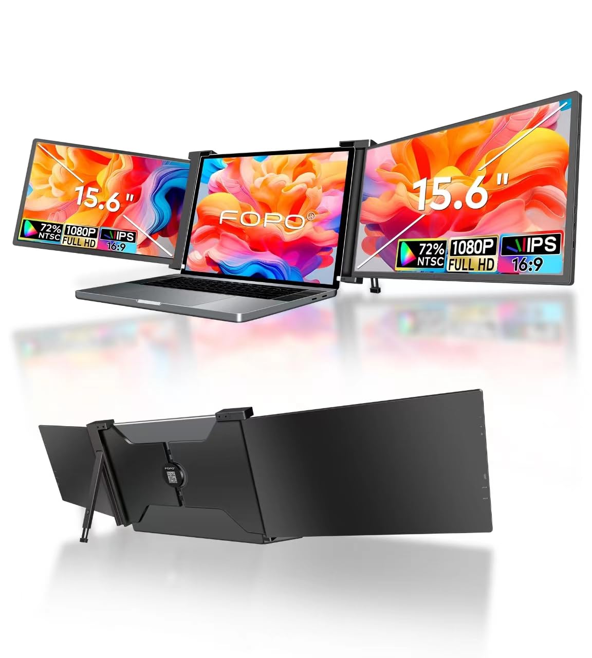 Fopo 15.6'' Triple Monitor For Laptop, Fhd 1080P Ips Portable Monitor For 15.6 19    Laptop, Plug And Play Travel Laptop Screen