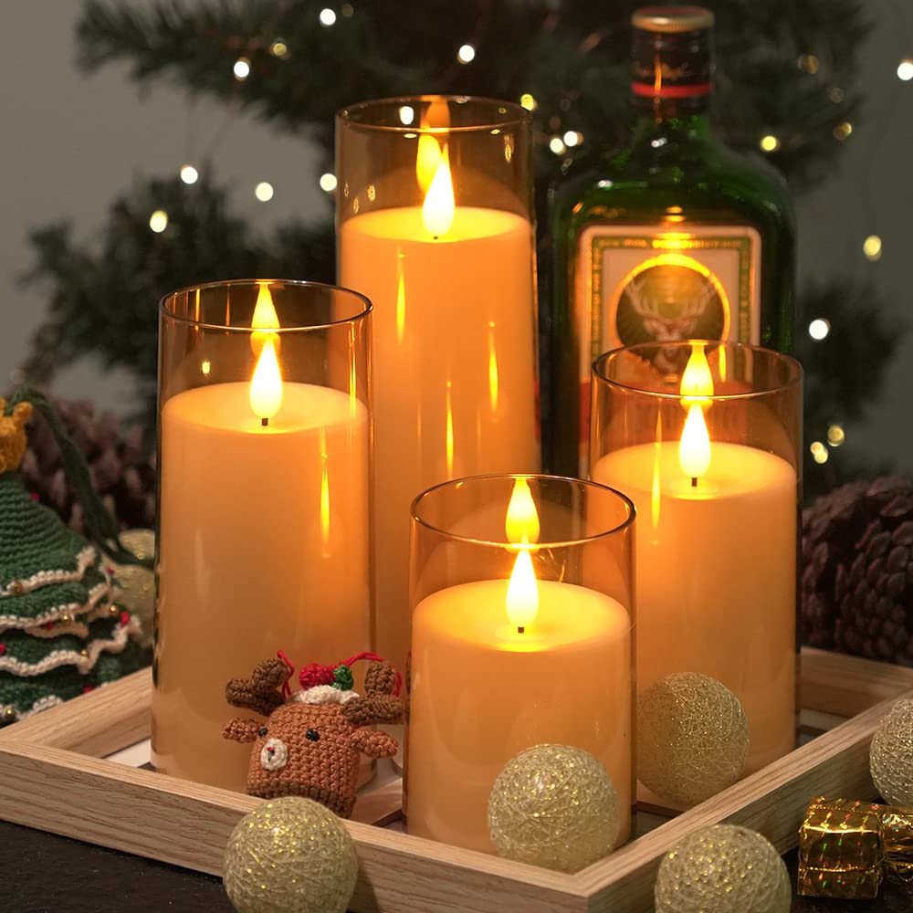 Fo32Won Amber Led Flameless Pillar Candles Battery Operated With Remote And Timer, Set Of 5 (D 3''?H 4'' 5'' 6'' 8'' 8'') Plexig