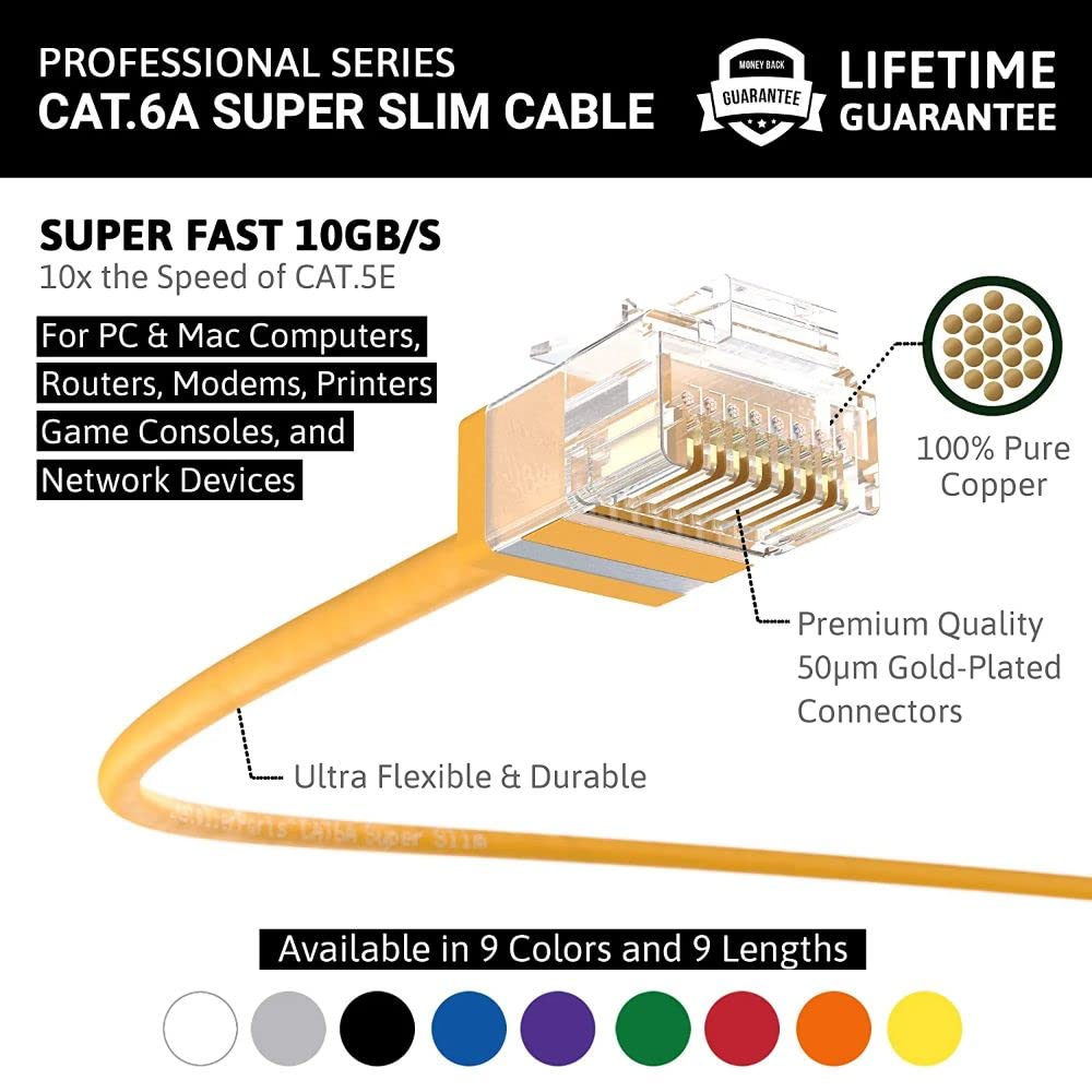 Installerparts Ethernet Cable Cat6A Super Slim Cable Utp 0.5 Ft (10 Pack)   Yellow   Professional Series   10Gigabit/Sec Network