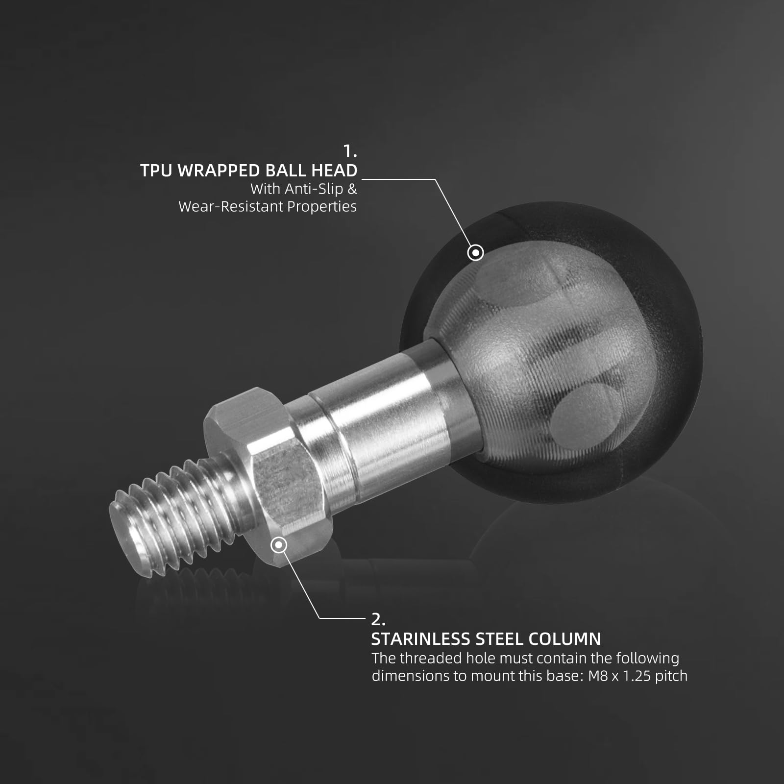 Fanaue 1'' Ball Adapter With M8 X 1.25 Threaded Post.Compatible With Ram Mounts B Size Double Socket Armextended Connection To A