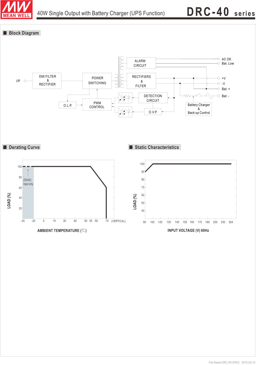 Mean Well (Drc 40A) Din Rail Single Output Switching Power Supplies With Battery Charger (Ups Function), Output: 40.02W 13.8V 1.