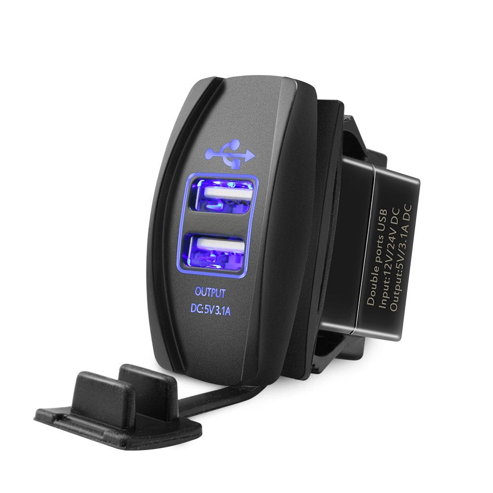 Mictuning Universal Rocker Style Car Usb Charger   With Blue Led Light Dual Usb Power Socket For Rocker Switch Panel