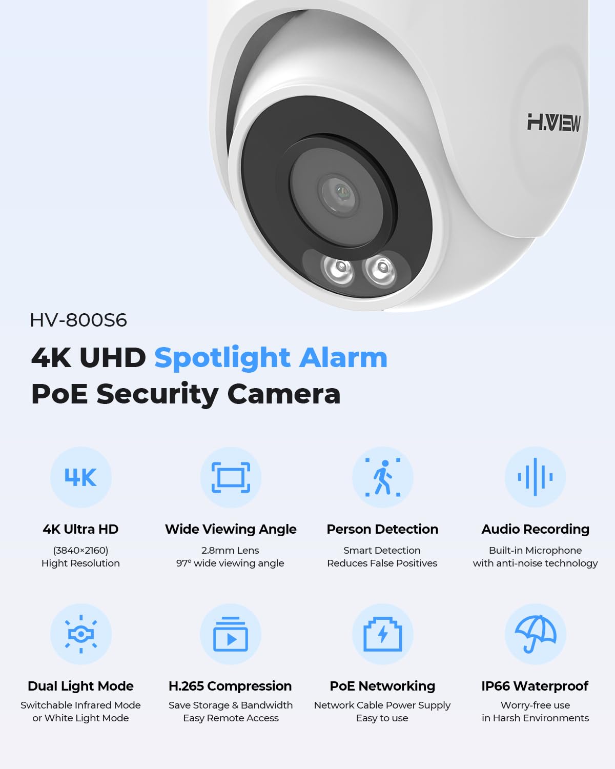H.View 4K Security Camera System, 4Pcs H.265 Poe Wired Turret 4K Cameras With Person Ai Detection, 4K 8Ch Poe Nvr With 3Tb Hdd F