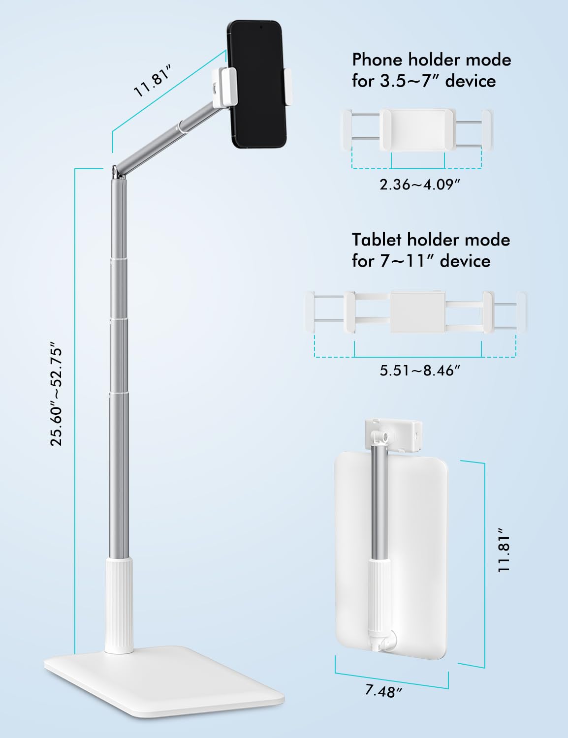 Viozon Tablet Floor Stand Flexible Long Arm Tablet&Phone Holder,360� Angle Adjustable, Aluminum Alloy, Bedside,Sofaside,Table,Desk,Compatible with iPad,Kindle, iPhone 16 15 Plus/Pro Max (3.5'' 11'')