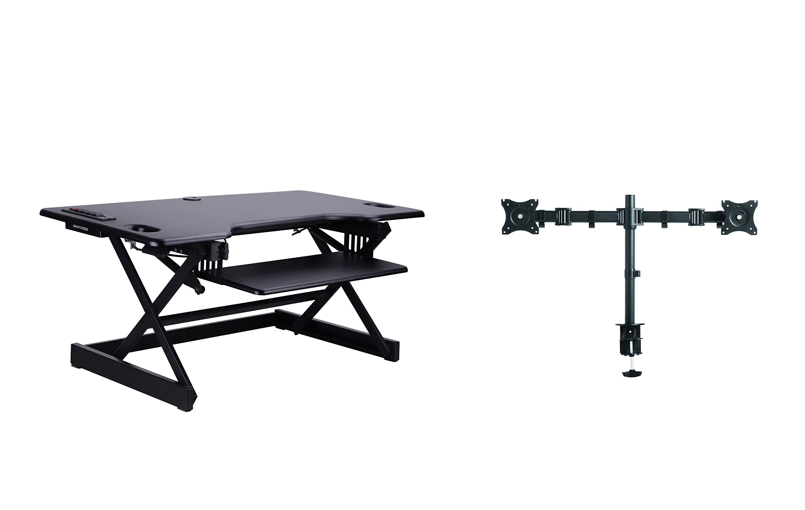Rocelco 46 Height Adjustable Standing Desk Converter with AC USB Charger and Double Monitor Mount Arm - Sit Stand Up Triple Scre