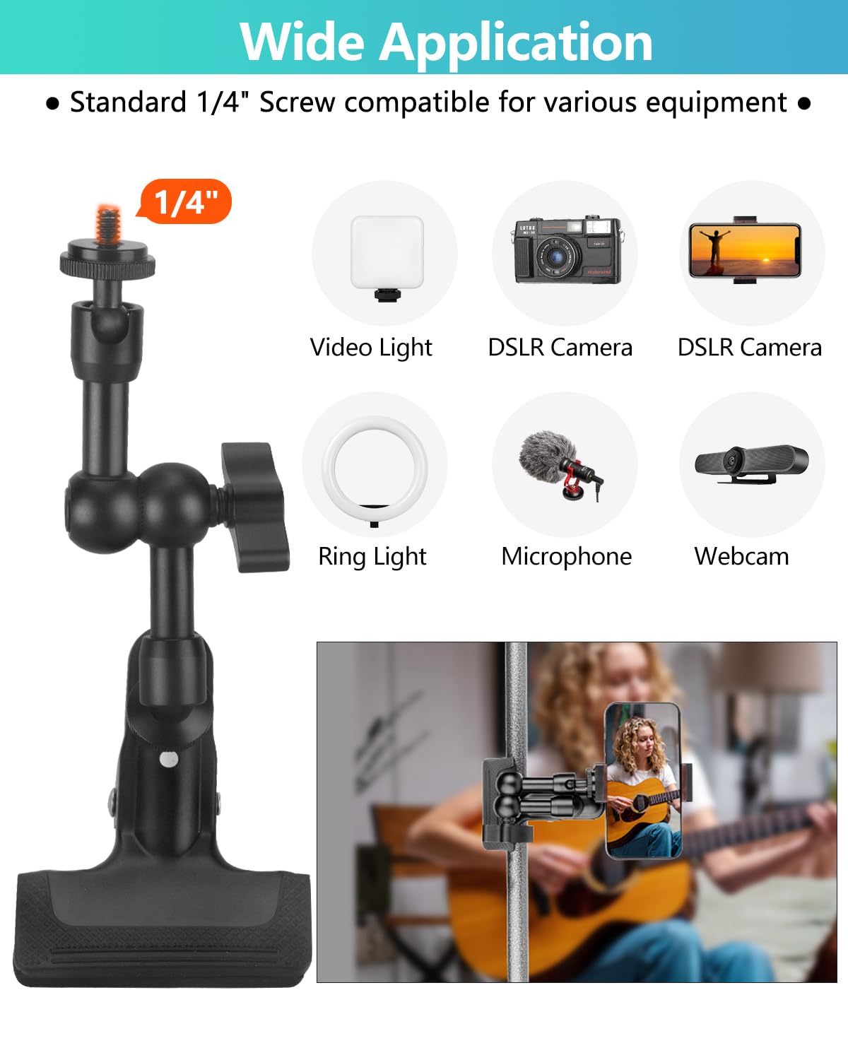 Jebutu Super Clamp Camera Clamp Mount 5.5 Inches Magic Arm With 1/4' Thread, Articulating Arm With Clamp,Tripod Camera Mount Clip Clamp With Adjustable Friction Arm For Dslr Camera, Video Light