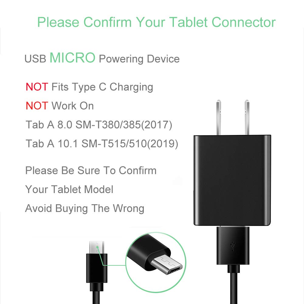 Usb Micro Charger Compatible Samsung Galaxy Note, Tab A, E, S2, 3, 4, 7.0'' 8.0'' 9.6'' 9.7'' 10.1'', Sm T280/ 350/580/ 560/530