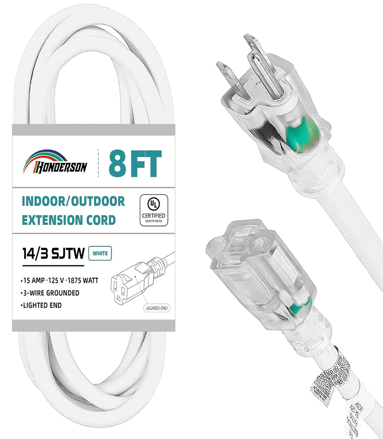 Honderson Indoor Outdoor Extension Cord Weatherproof With Lighted End, Ul Listed, 14 Gauge 8Ft White 3 Prong Heavy Duty Extensio