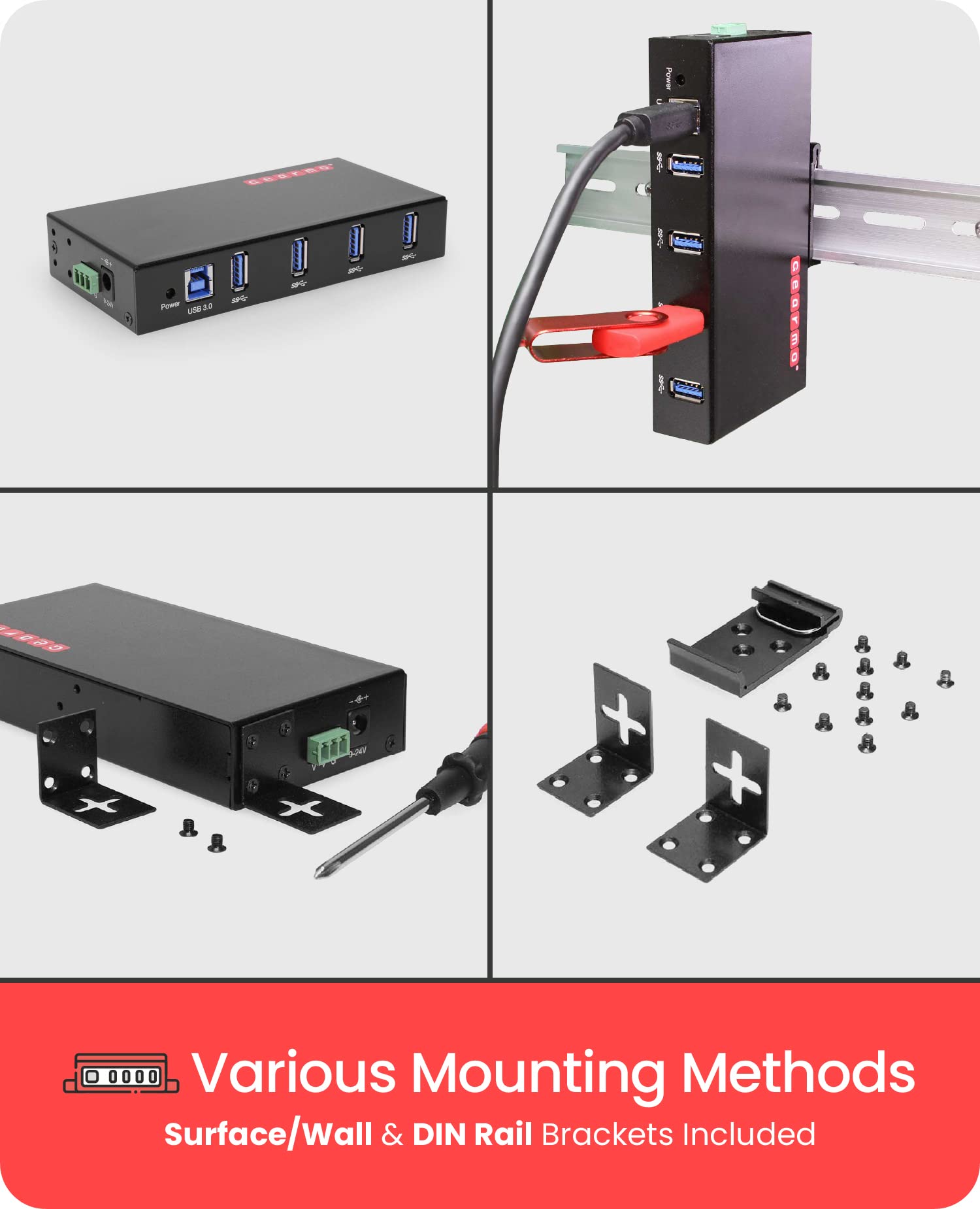 4 Port Usb 3.0 Rugged Industrial Din Rail & Surface Mount Hub