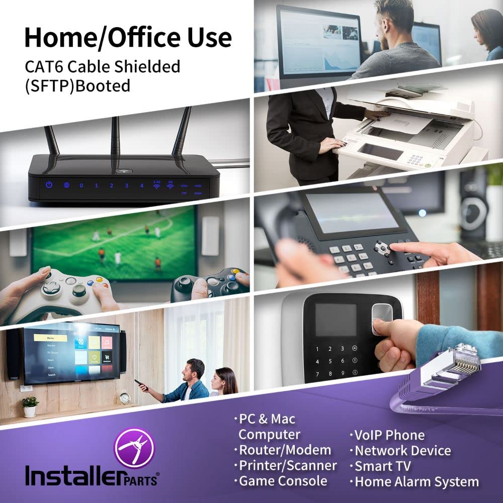 Installerparts (5 Pack Ethernet Cable Cat6 Cable Shielded (Sstp/Sftp) Booted 0.5 Ft   Purple   Professional Series   10Gigabit/S