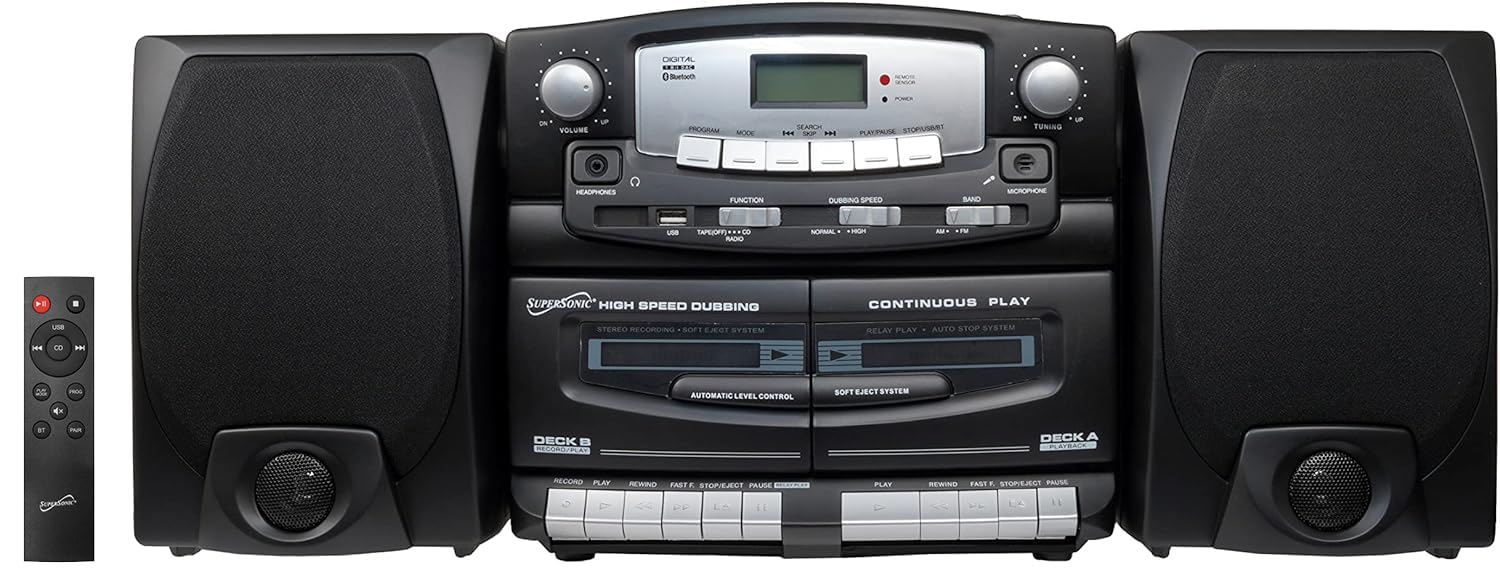 Supersonic Black Edition Vintage Bluetooth Stereo System Home Music Audio System,Cd/Mp3 Player,Am/Fm Radio,Dual Cassette Player/
