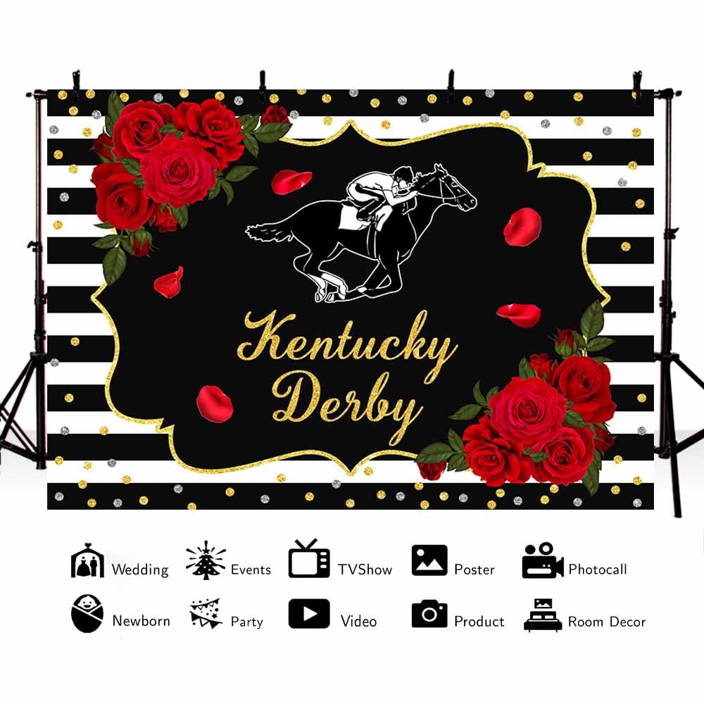Mehofond 10X7Ft Kentucky Derby Backdrop Rose Kentucky Derby Photography Background Black White Horse Racing Party Supplies Gold