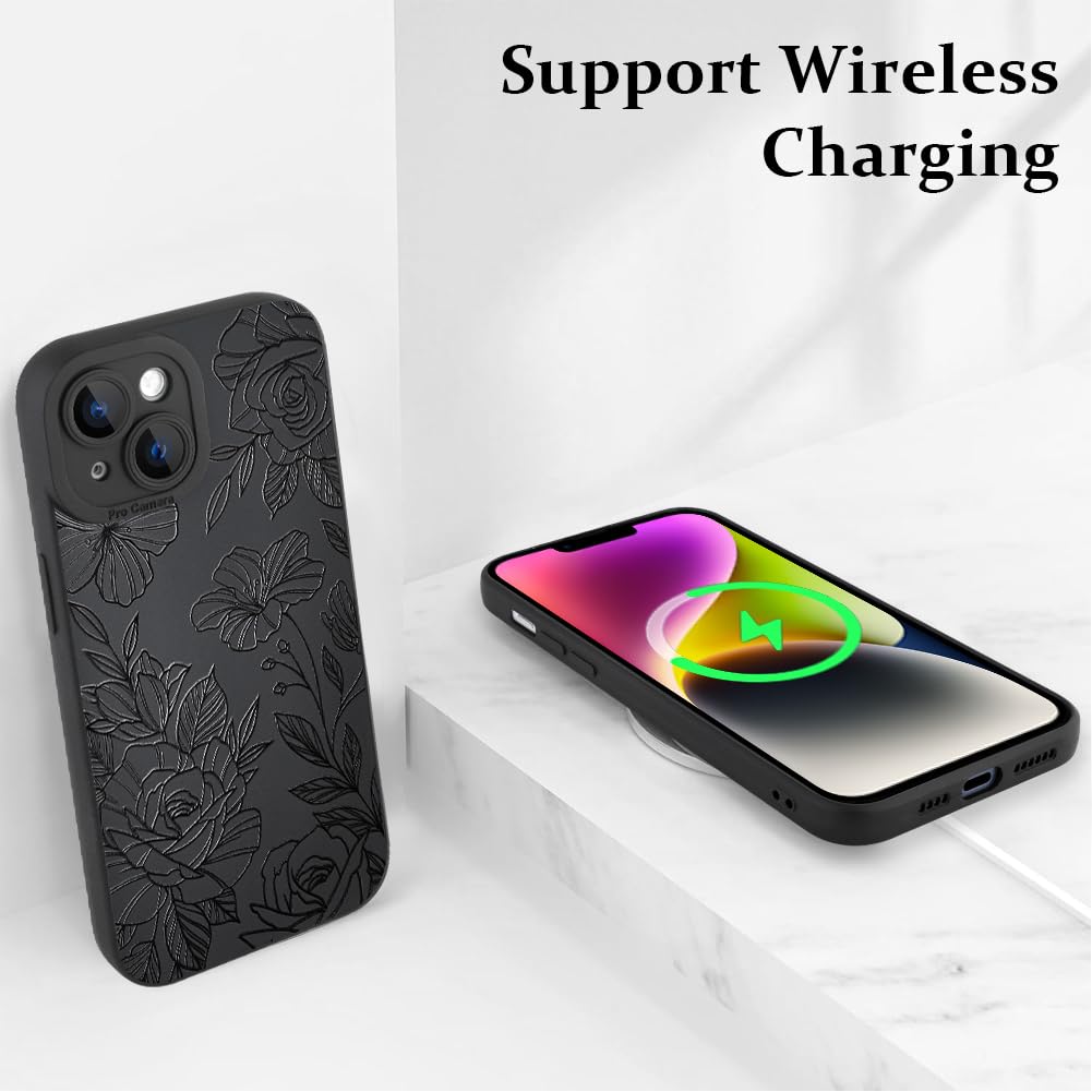 Lsl Case For Iphone 14 Black Floral Flower Pattern Print Case Soft Tpu Full Camera Lens Anti Drop Anti Scratch Shockproof Protec