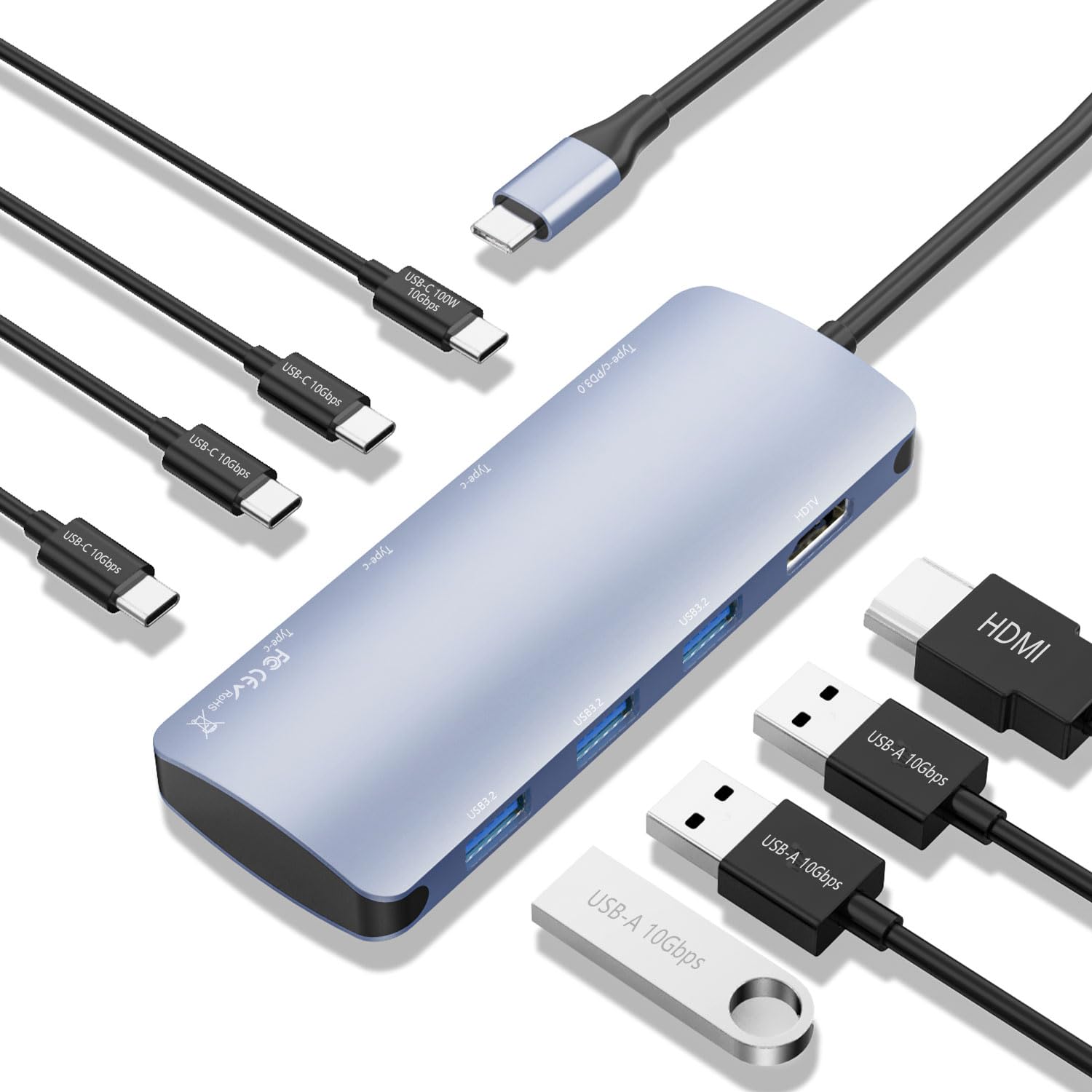 Usb C To Usb Hub 8 In 1 With 4K@60Hz Hdmi, 3 Usb C 3.2 Gen2 10Gbps, 3 Usb A 3.2 10Gbps Ports,100W Power Delivery With 10Gbps Dat