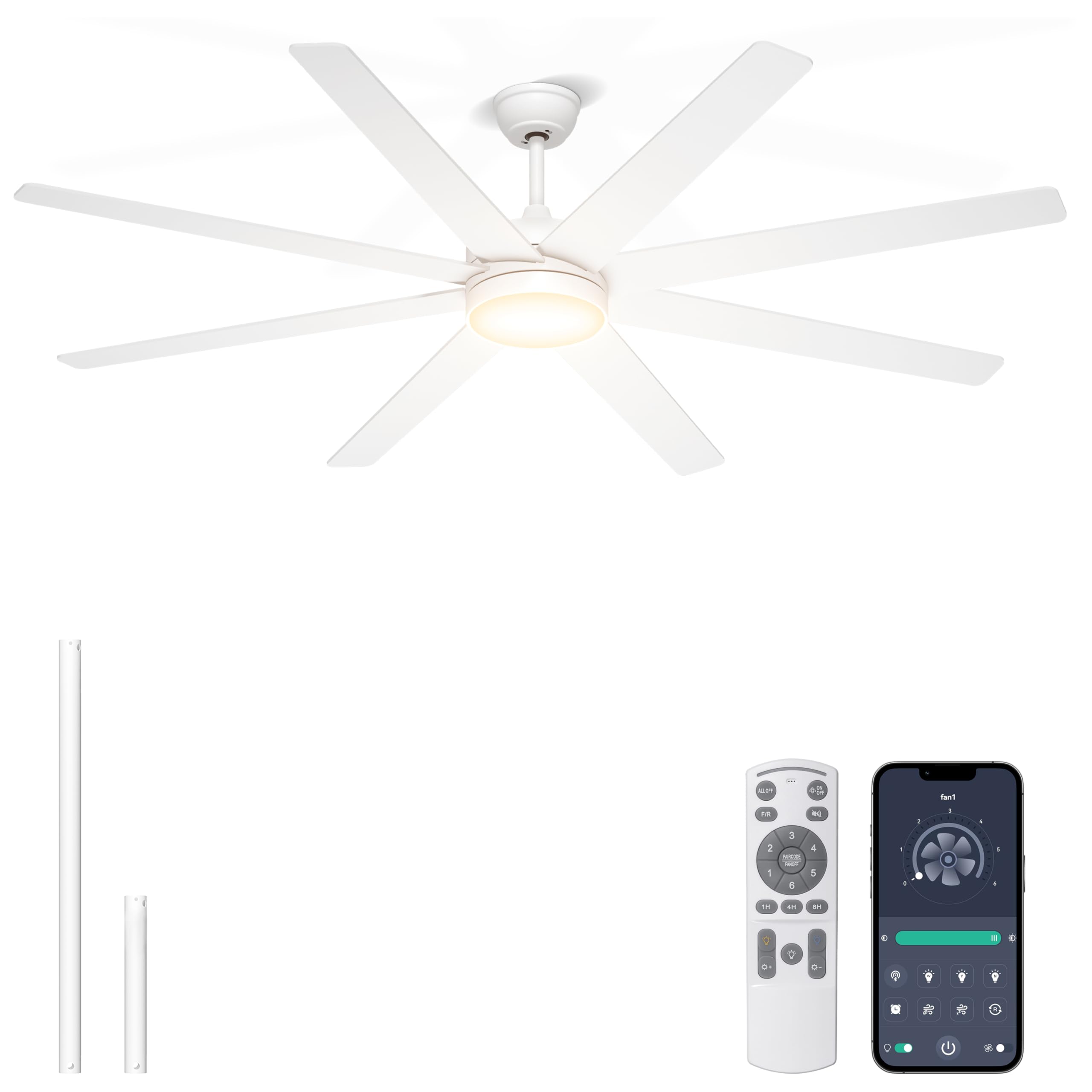 Phylluz 72 Inch Large Ceiling Fans with Lights, 8 Blades White Ceiling Fan Remote/APP Control, Dimmable, Reversible Big Ceiling 