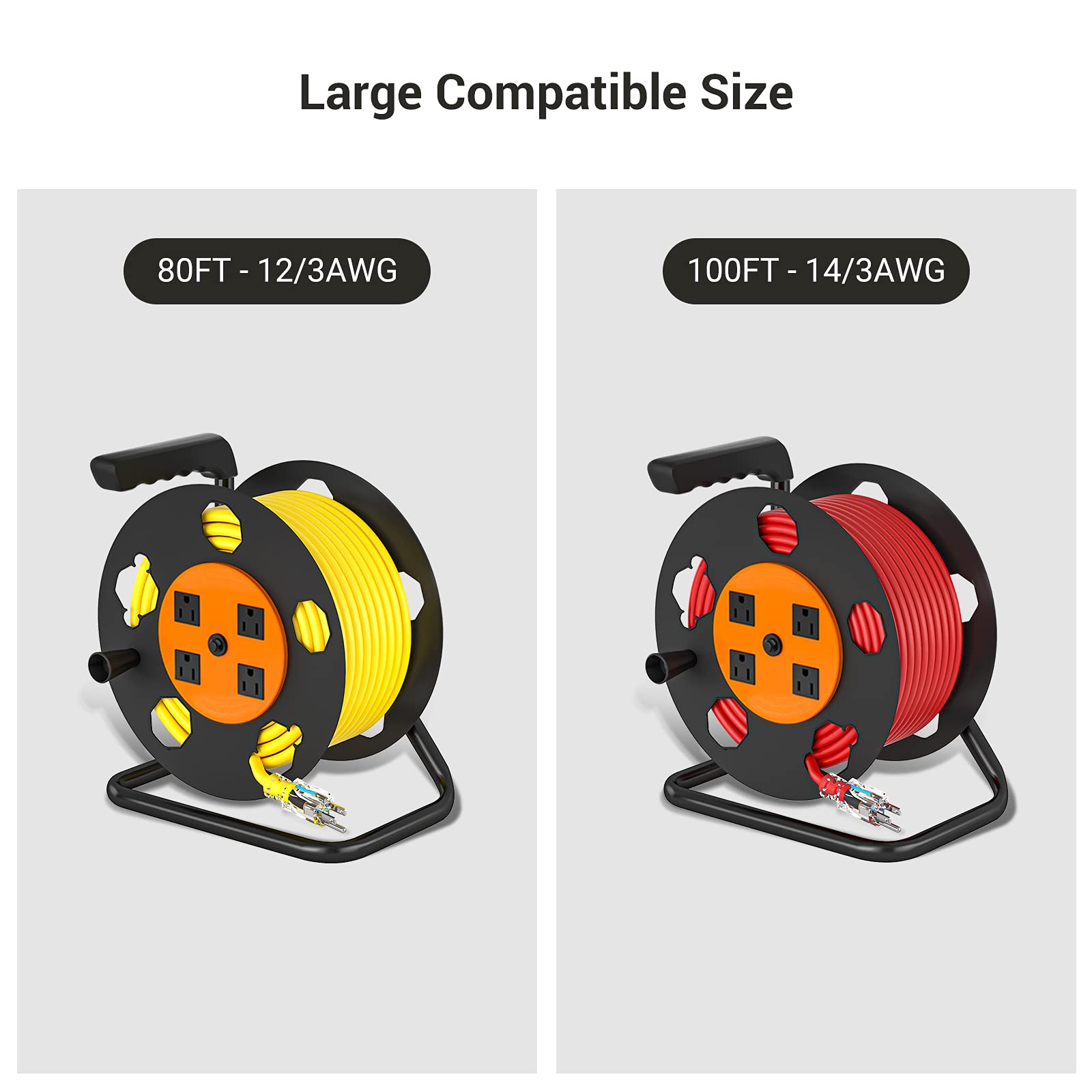 Dewenwils Extension Cord Storage Reel, Heavy Duty Open Cord Reel With 4 Grounded Outlets, 12/3,14/3,16/3 Gauge Power Cord Reel,