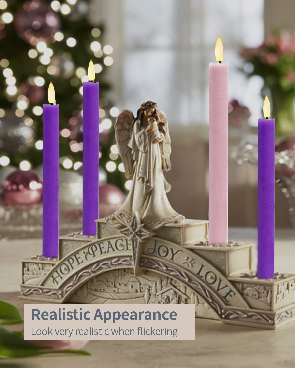 Shymery Flameless Advent Candles,Real Wax Battery Operated Electric Led Taper Candles With Remote Timer, Set Of 4 Purple & Pink