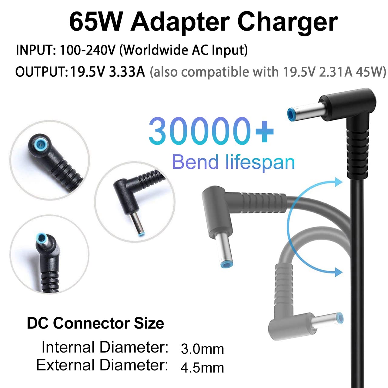 65W Laptop Charger For Pavilion X360 14 15 17, Envy 13 15 X360, Elitebook 840 G5, Probook Chromebook Stream Series, Spectre 7104