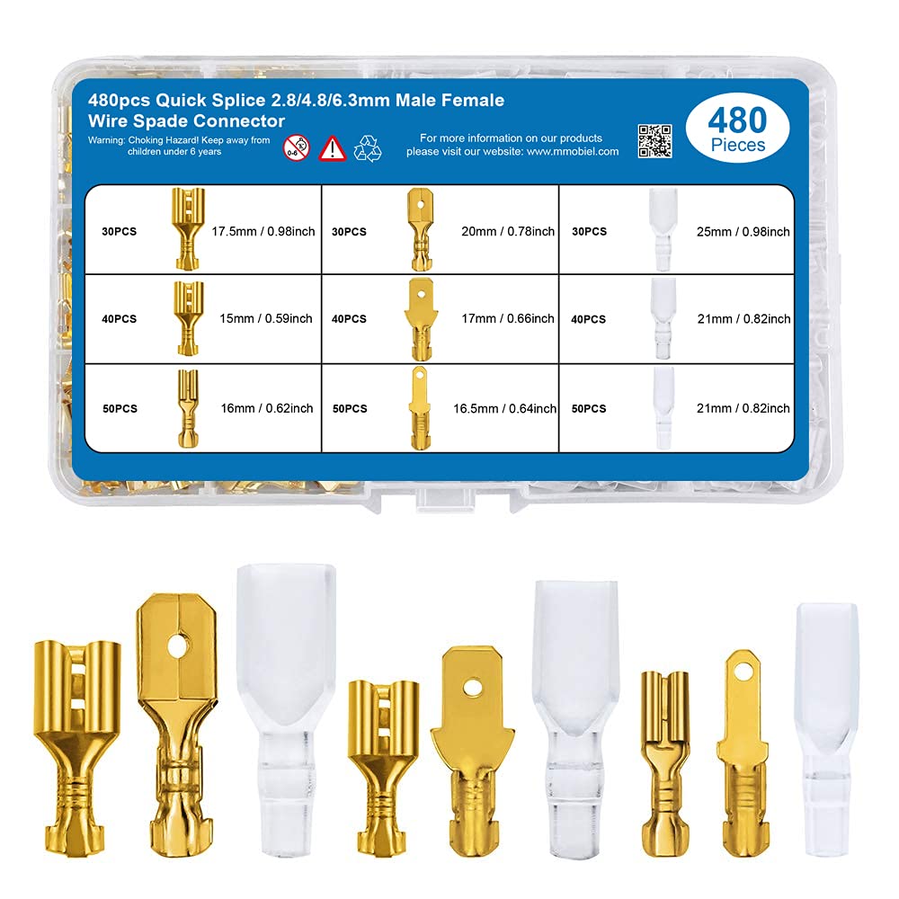 Mmobiel 480 Pcs Spade Connectors Assortment Wire Crimp Terminal Block With Insulating Sleeves For Electrical Wiring   Car Audio