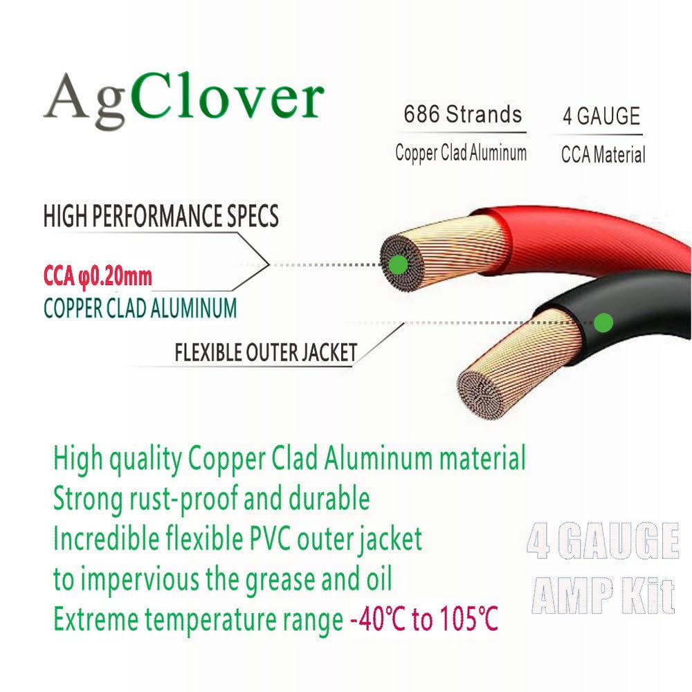Agclover 4 Gauge Cca Amplifier Installation Wiring Kit, 1000W Power Handling Complete Amplifier Wire Installation Audio System K