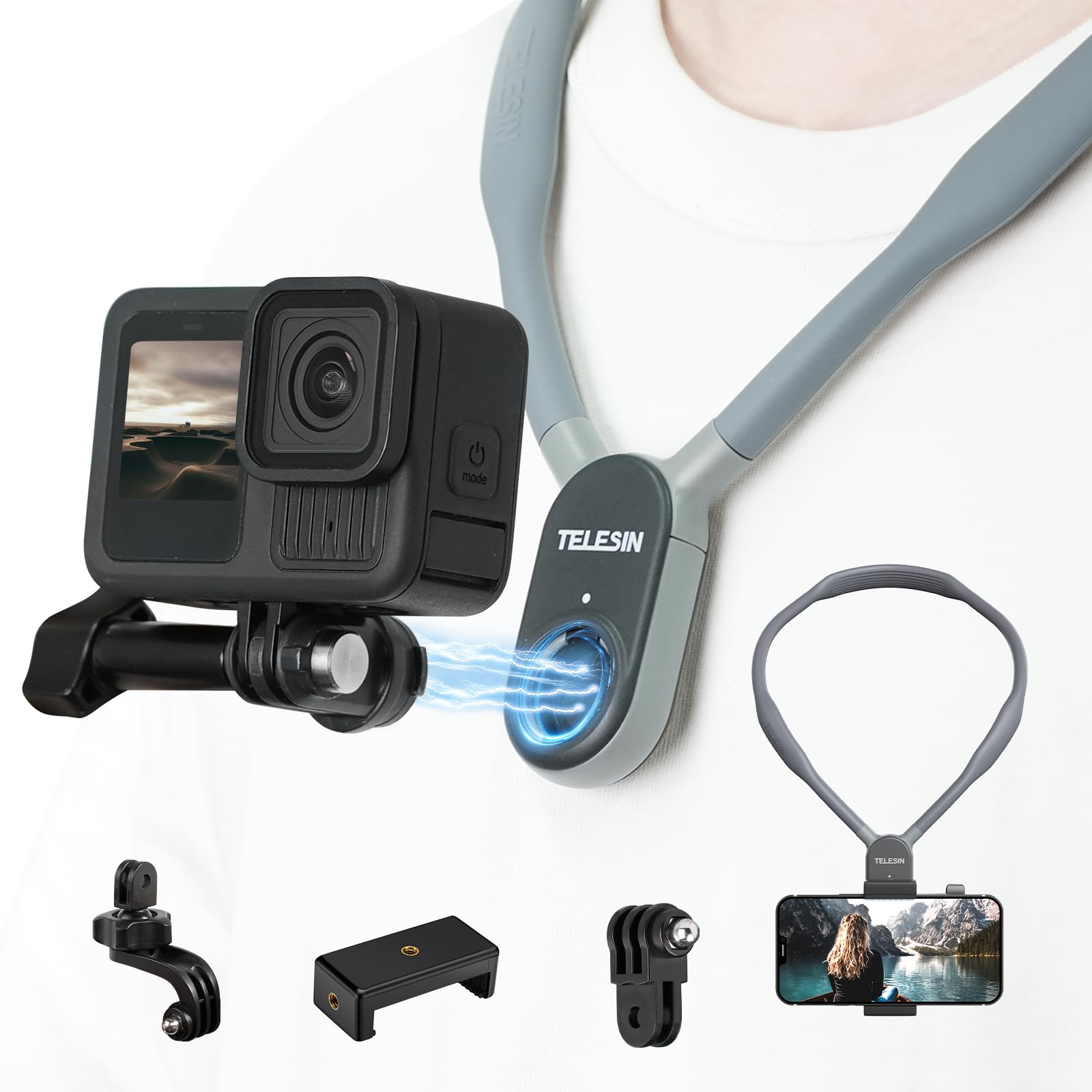 Telesin� Plus Magnetic Neck Mount For Go Pro Phone Holder, Quick Release Pov Video Vlog Flexible Angle Necklace Holder For Gopro Hero 13 12 11 10 9 Insta360 X3 X4 Dji Action 3 4 5 Pro Iphone Android