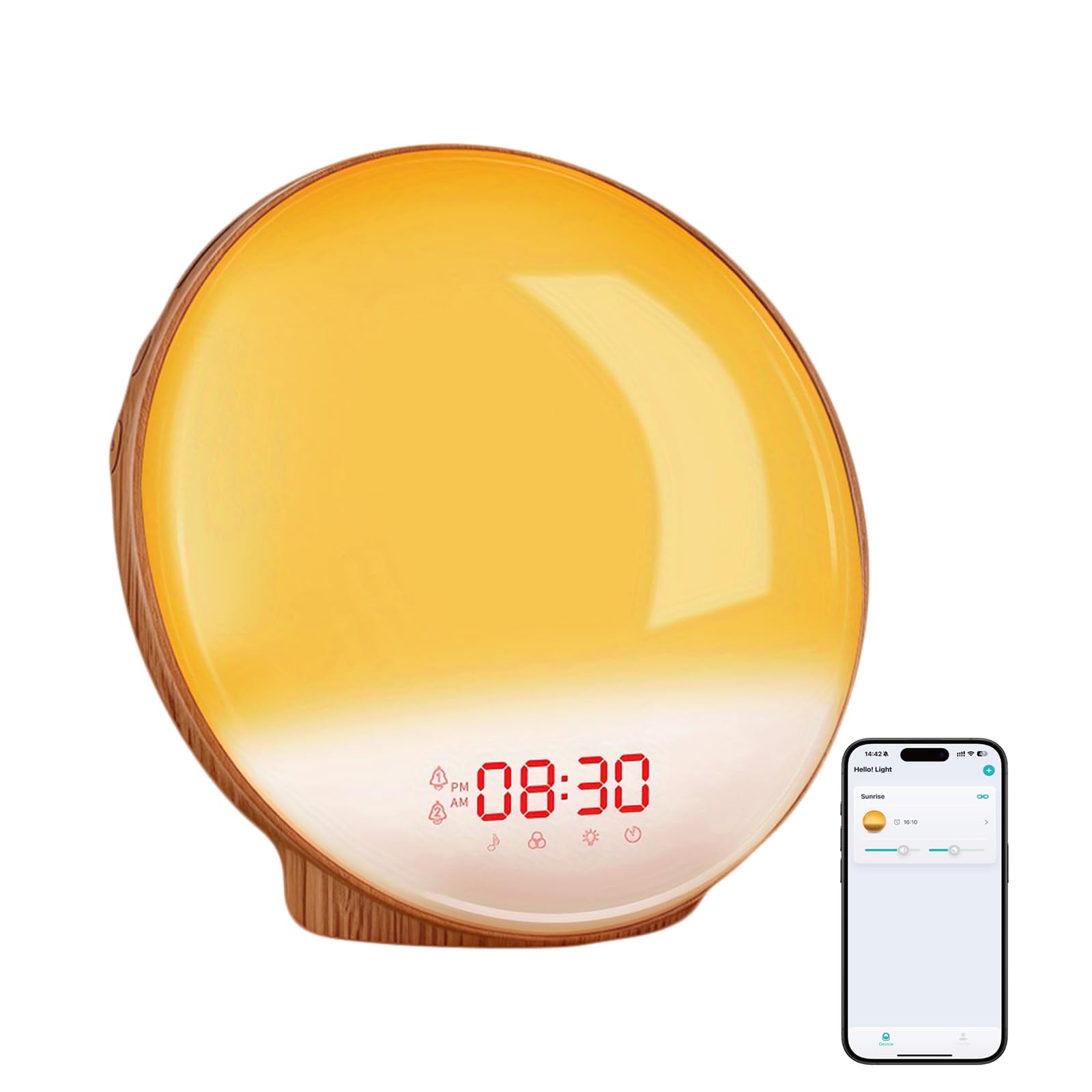 BIB_WJ Smart Sunrise Alarm Clock with No Signup APP Control & Wake-Up Light, 4 Alarms, Sound Machine, FM Radio, Wireless Speaker