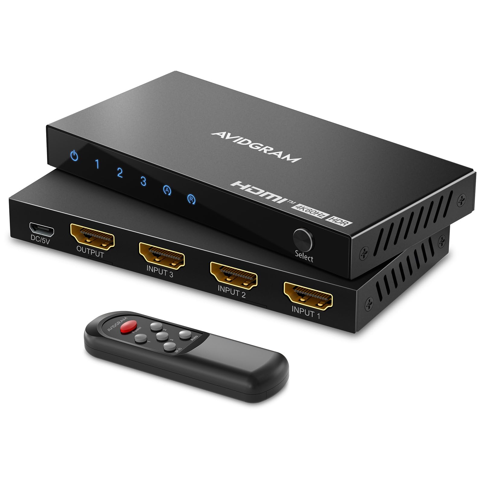 3 Port HDMI Switch 4K 60Hz, AVIDGRAM HDMI 2.0 Switcher 3 in 1 Out Selector Box with IR Remote Control Support HDCP 2.2 HDR10 3D 