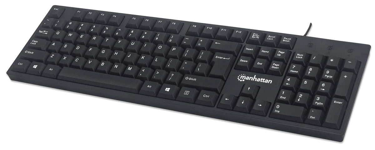 Manhattan Wired Computer Keyboard – Basic Black Keyboard - with 4.5ft USB-A Cable, 104-keys, Foldable Stands - Compatible for Windows, PC, Laptop - 3 Yr Mfg Warranty – 179324