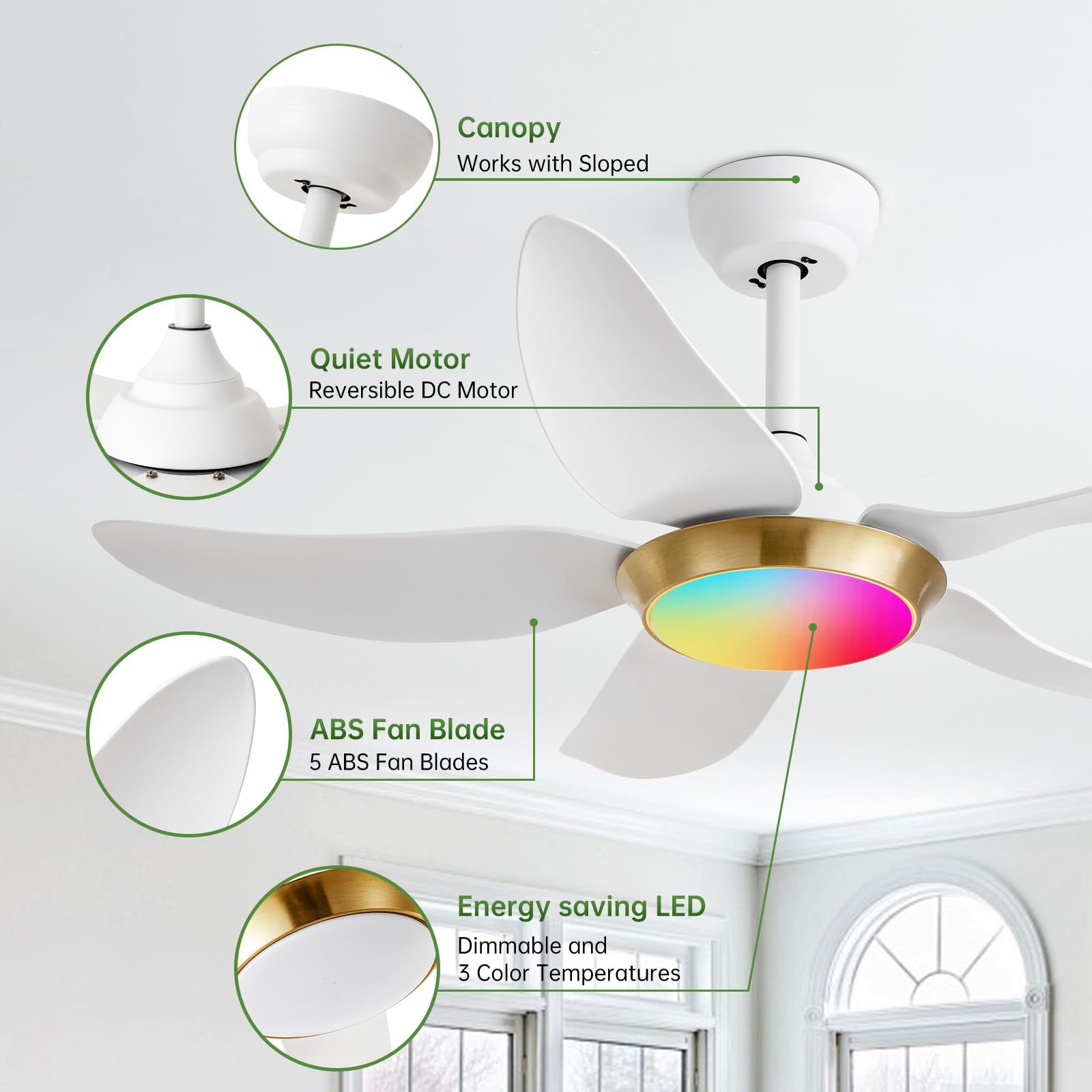 42'' Low Profile Ceiling Fan With Lights, Remote & App Control, Dimmable Led With Rgb Function, 6 Speed Reversible Dc Motor, Qui