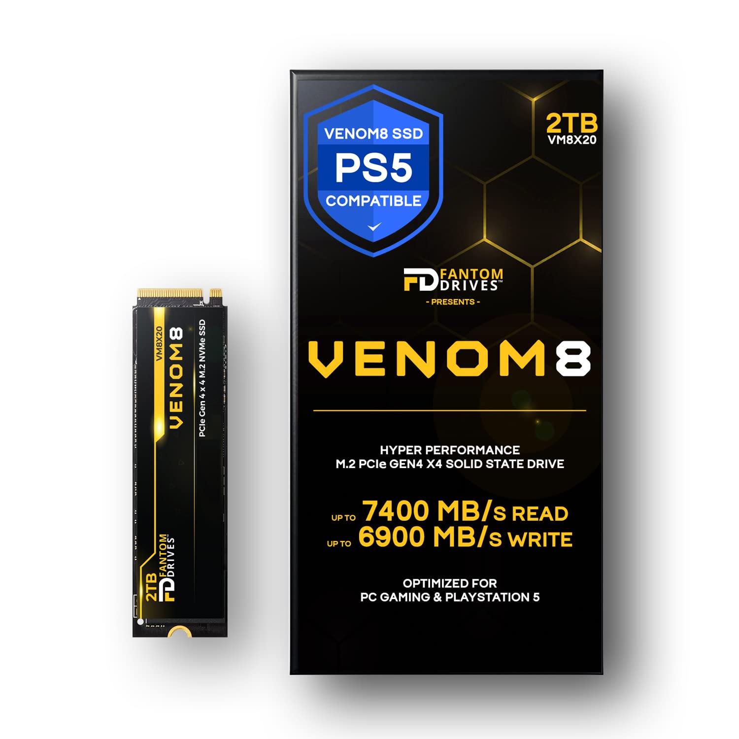Fantom Drives VENOM8 2TB SSD NVMe Gen 4 M.2 2280 PS5 SSD 2TB for PS5 Storage Expansion, Gaming PC & Laptops - Up to 7400MB/s - 3