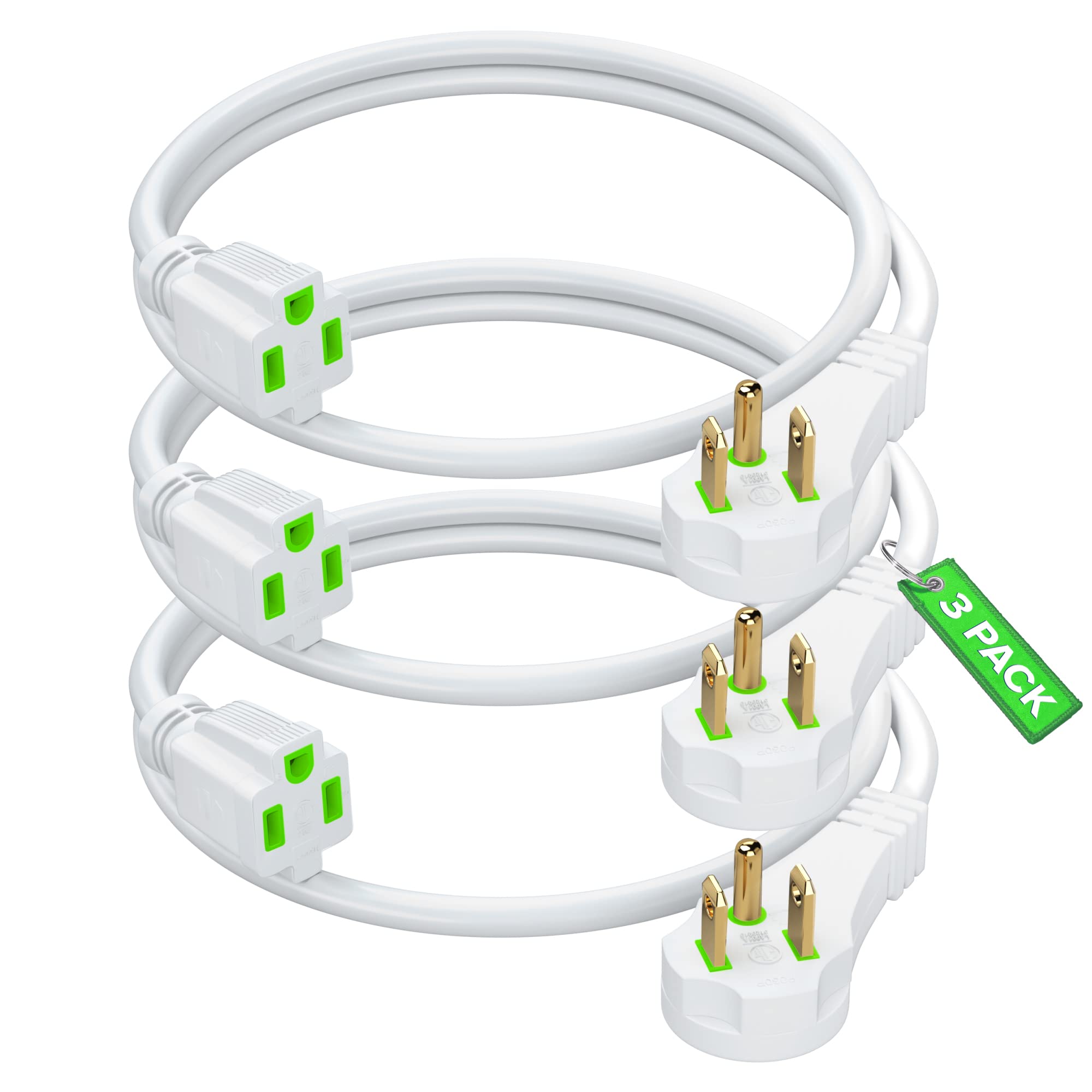 Maximm Flat Plug Extension Cord 1 Ft With Slim Space Saving Plug Design, Low Profile Extension Cord 16Awg (White, 3 Pack)