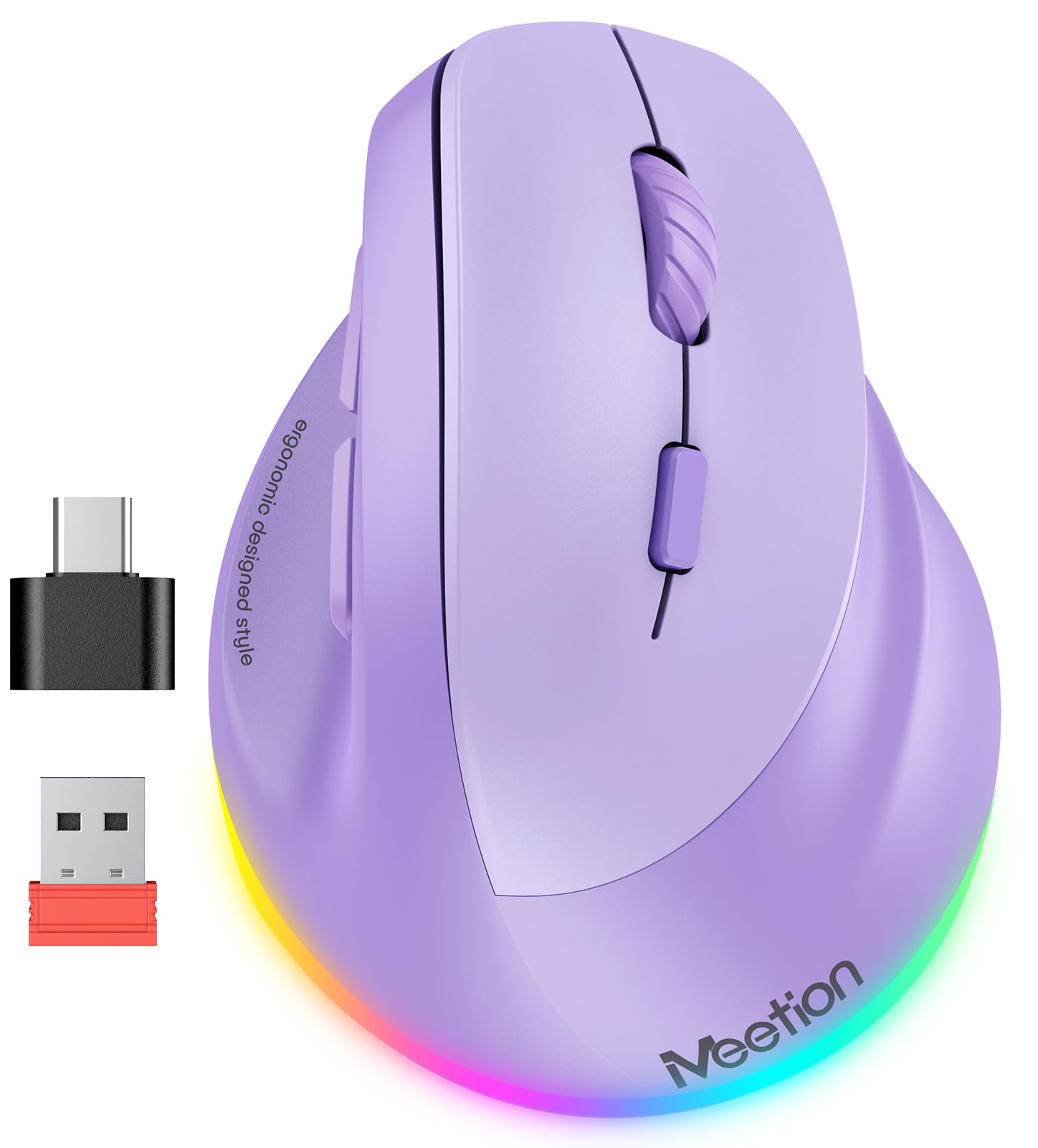 MEETION Ergonomic Wireless Mouse, Bluetooth Vertical Mouse with RGB, Purple