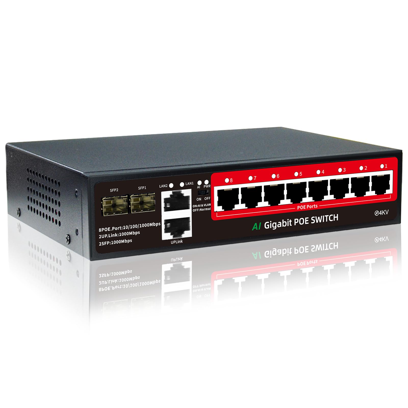 Steamemo 8 Port Gigabit Poe Switch With 2 Gigabit Uplink, 2*1.25G Sfp Ports, Ai Vlan Mode, 802.3Af/At Compliant,120W Built In Po