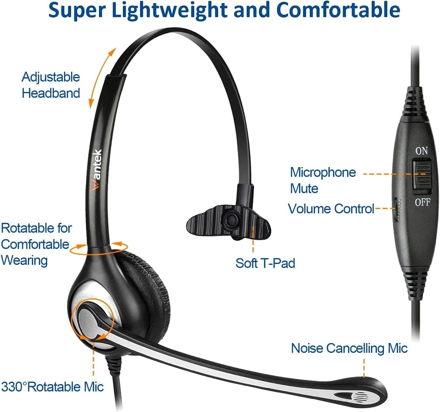 Wantek Cisco Phone Headset With Microphone Noise Cancelling & Mute Switch, Rj9 Telephone Headsets Compatible With Cisco Office L
