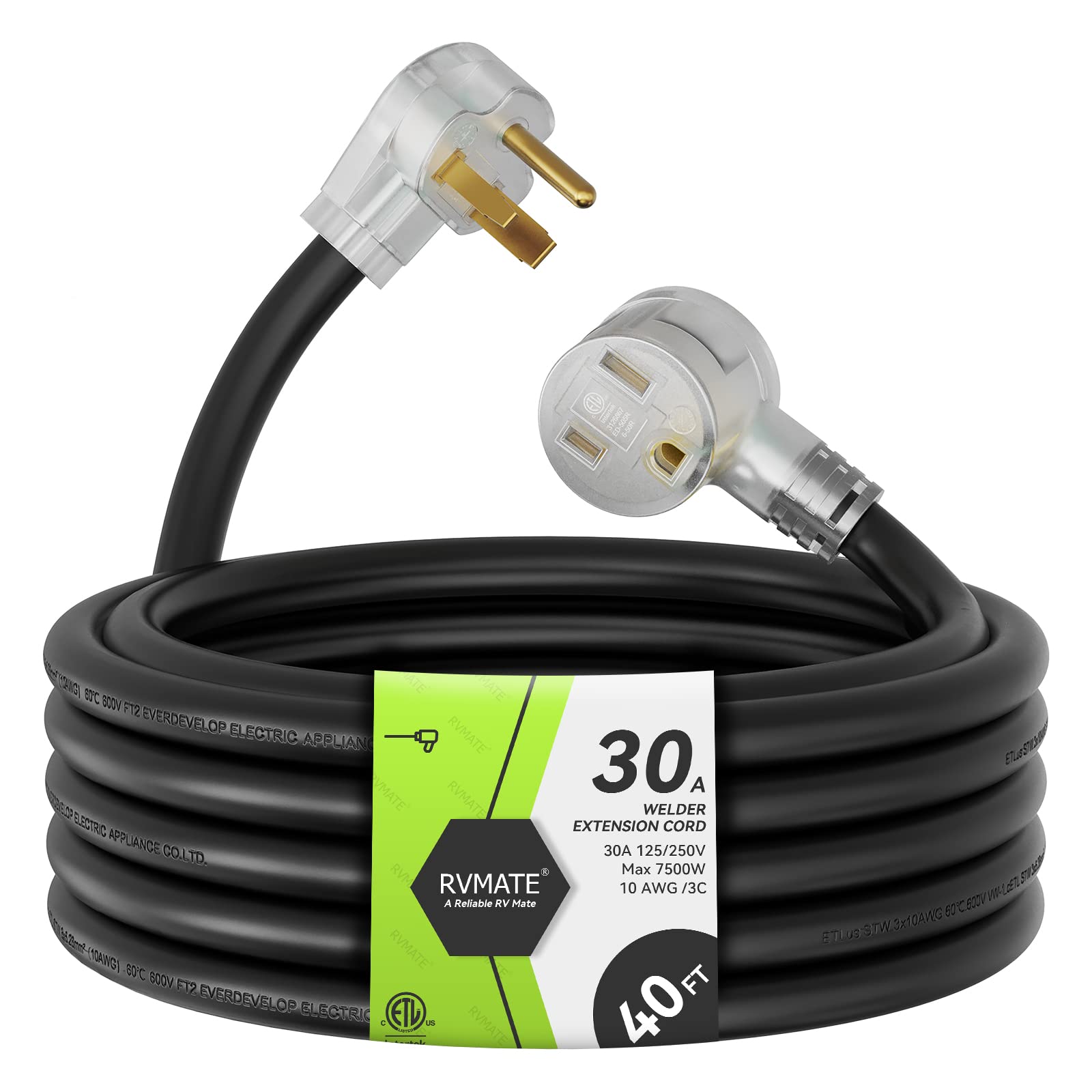 Rvmate 250V 40 Feet Welder Extension Cord, 10 Awg Nema 6 50 Stw Heavy Duty Welding Cord With Led Indicator