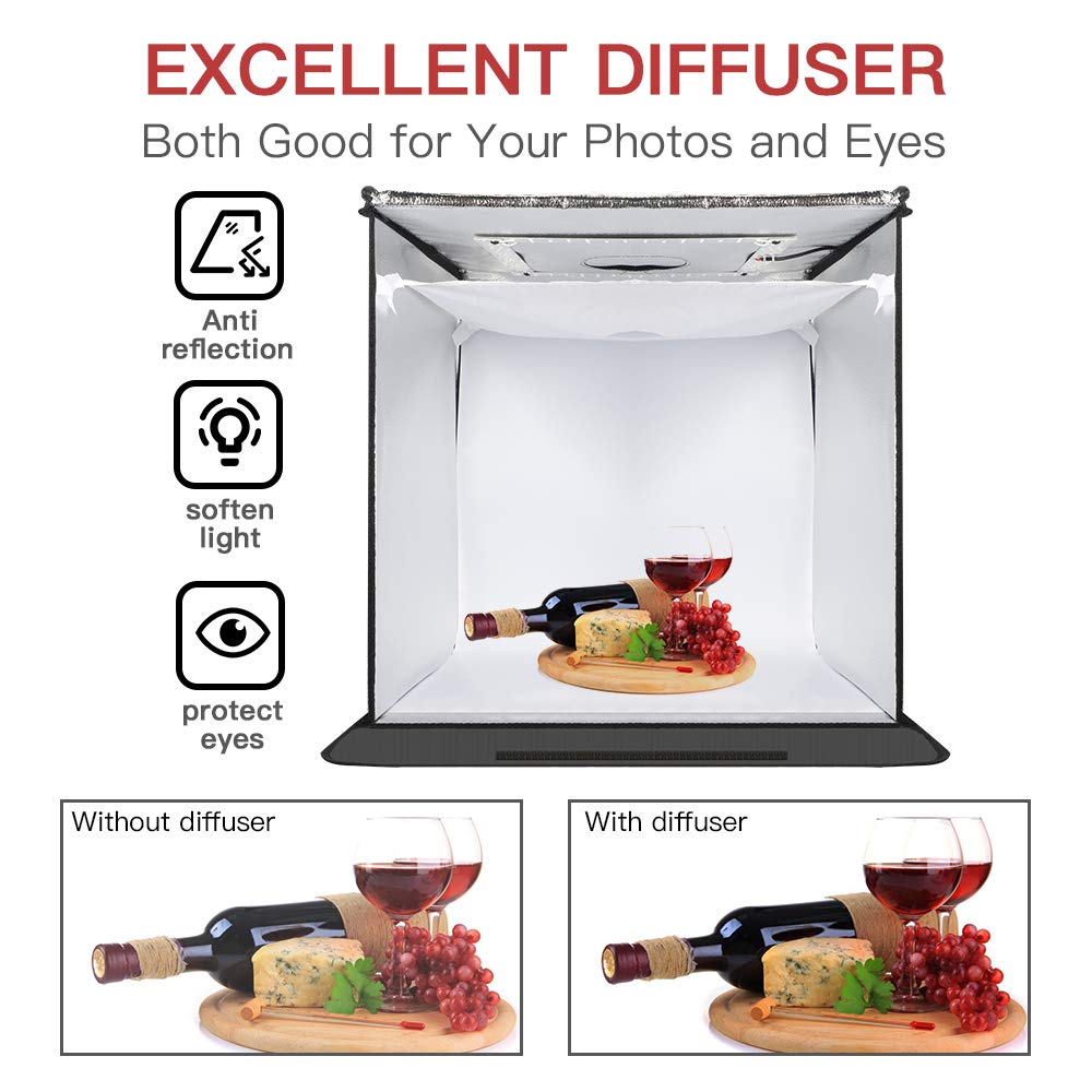 Fositan Photo Light Box, Upgrade 8 Backdrops Photo Studio Box, 20''/50Cm Adjustable Brightness Portable Folding Shooting Tent, T