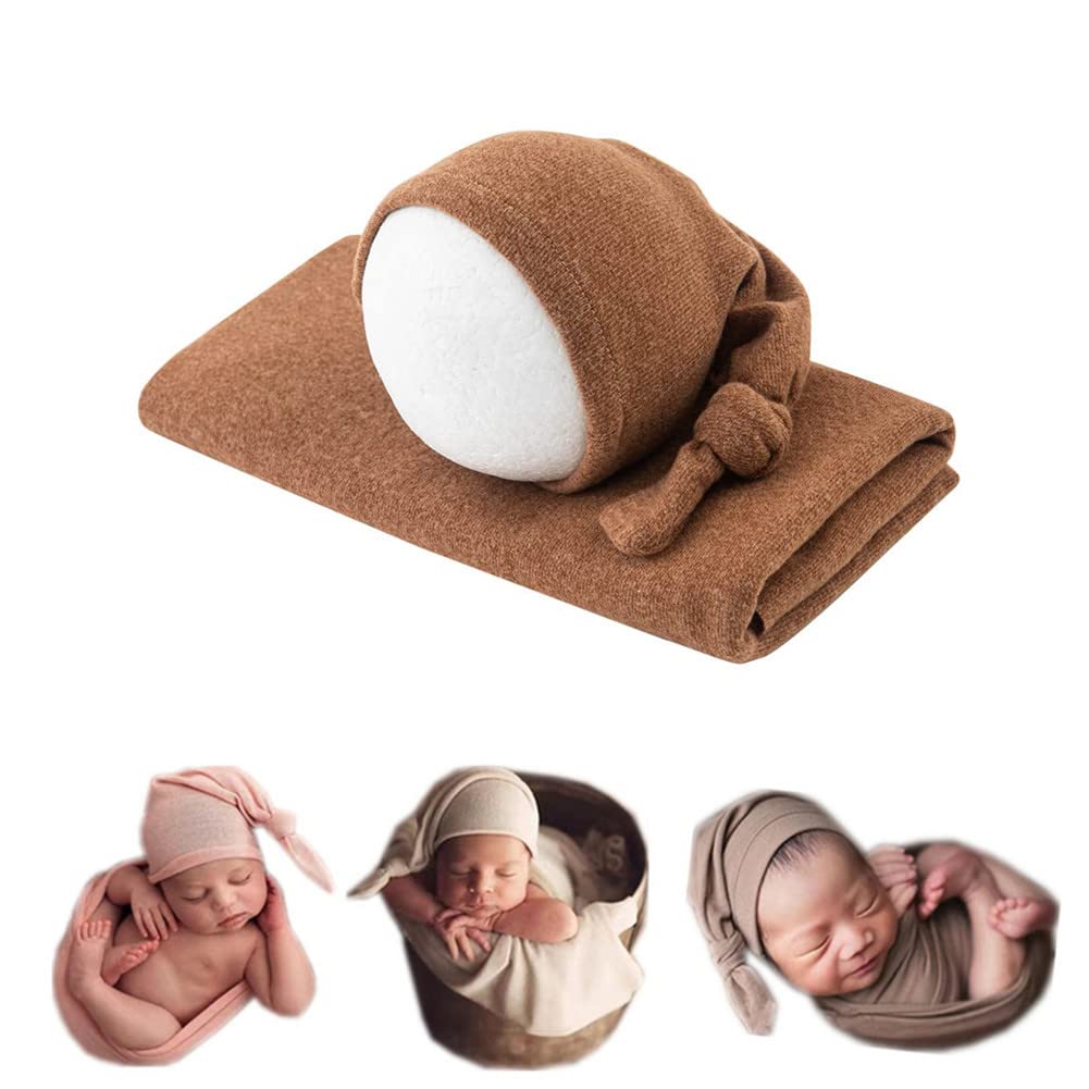 Coberllus Newborn Photography Props Boys Girls Hat With Wrap Photo Props Blanket Newborn Posing Fabric Set (Brown)