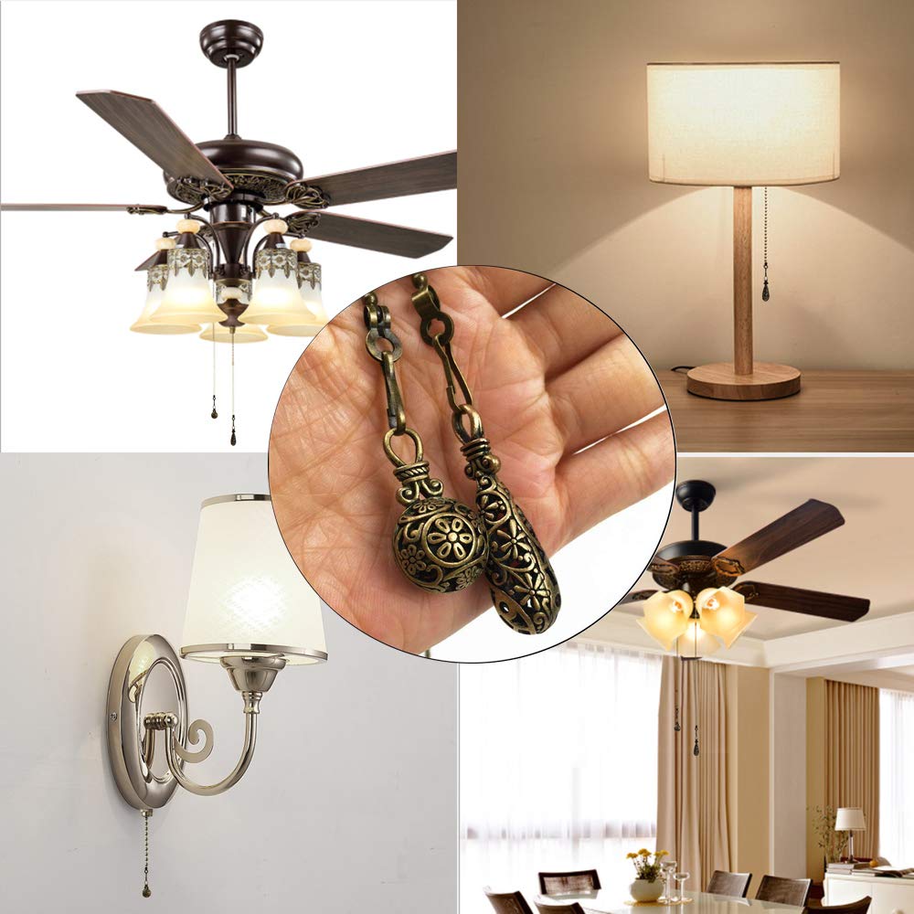 Hyamass 2Pcs 12Inch Vintage Hollow Out Charm Pendant Ceiling Fan Danglers Fan Pulls Chain Extender With Ball Chain Connector(Bro