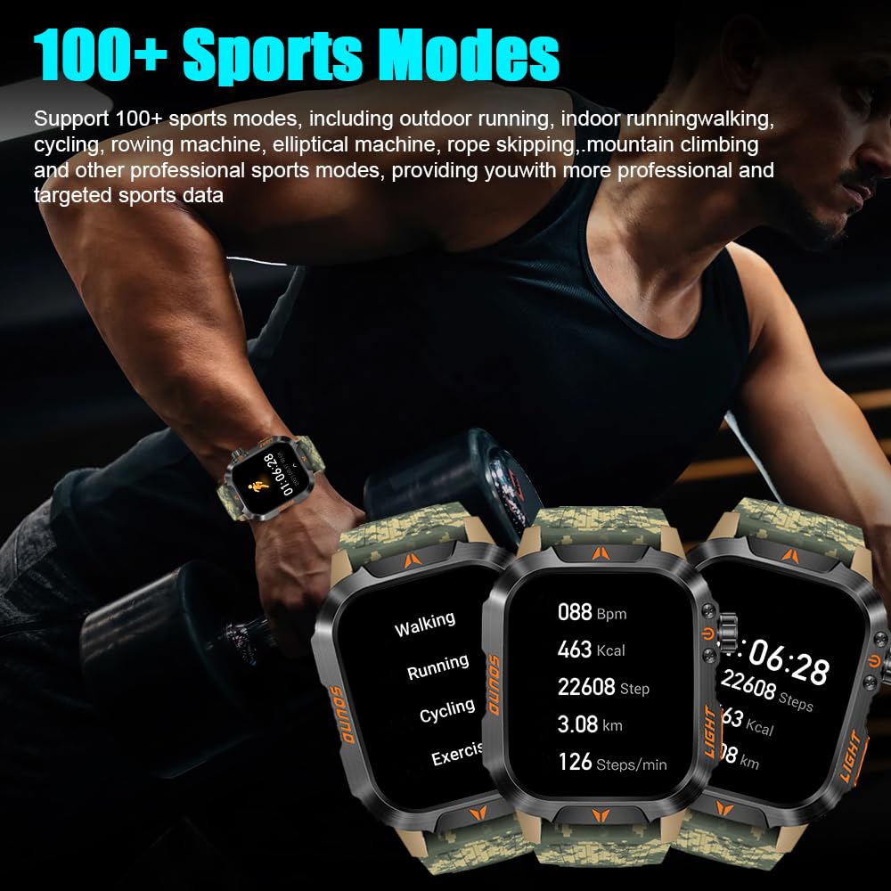 Qtllbt Military Outdoor Watch Altimeter Barometer Compass Tactical Smart Fitness Watch Heart Rate Sleep Monitor 100+ Sport Modes