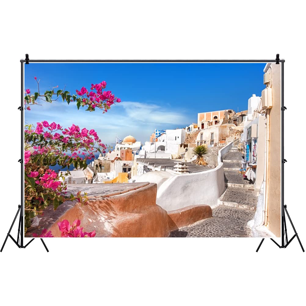 Laeacco Santorini Town View Backdrop 10X6.5Ft Greece Summer Sea House Landscape Photography Background White Architecture Blue Sky Blossom Flowers Holiday Party Bridal Shower Wedding Photo Studio Prop