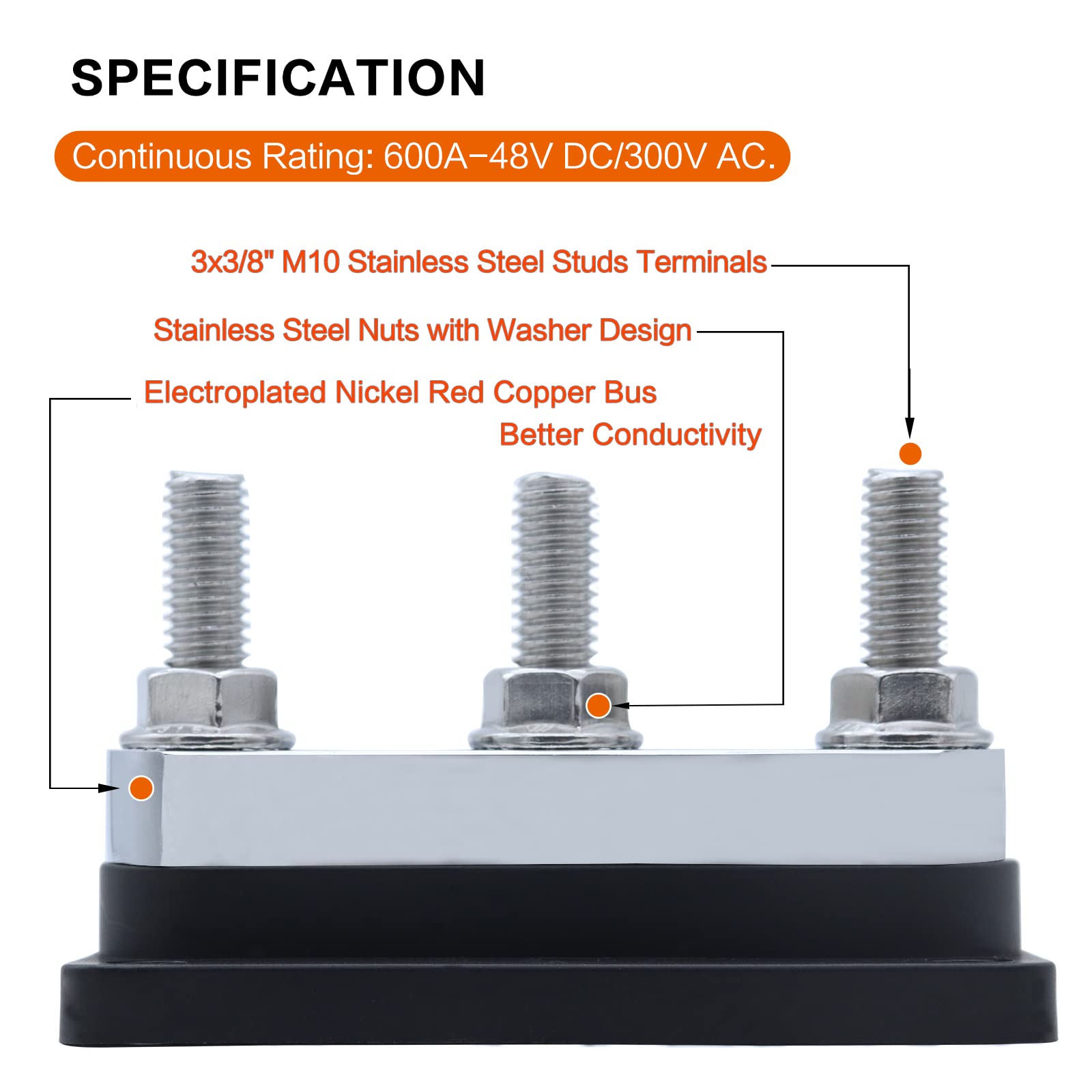 Amomd 2Pcs 600A Bus Bar 3 Stud (3/8 Inch) M10 High Current Nickel Plated Copper Distribution Block Busbar Negative Electrical Ba