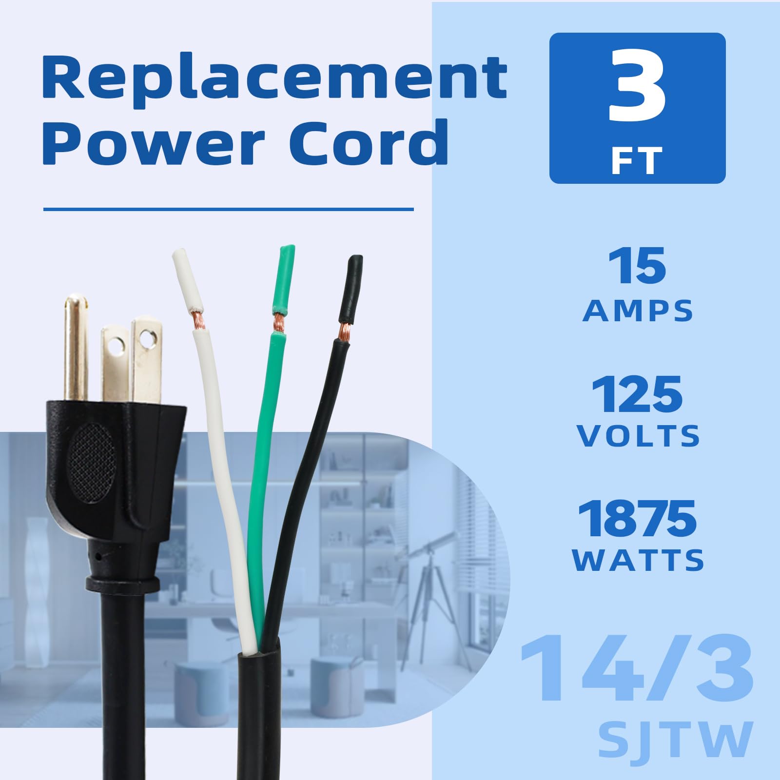 Ep 2 Pack 3 Ft 14/3C Sjtw Appliance And Power Tool Cord, 14 Gauge 3 Prong Heavy Duty Replacement Power Supply Cord Cable, 110V 1