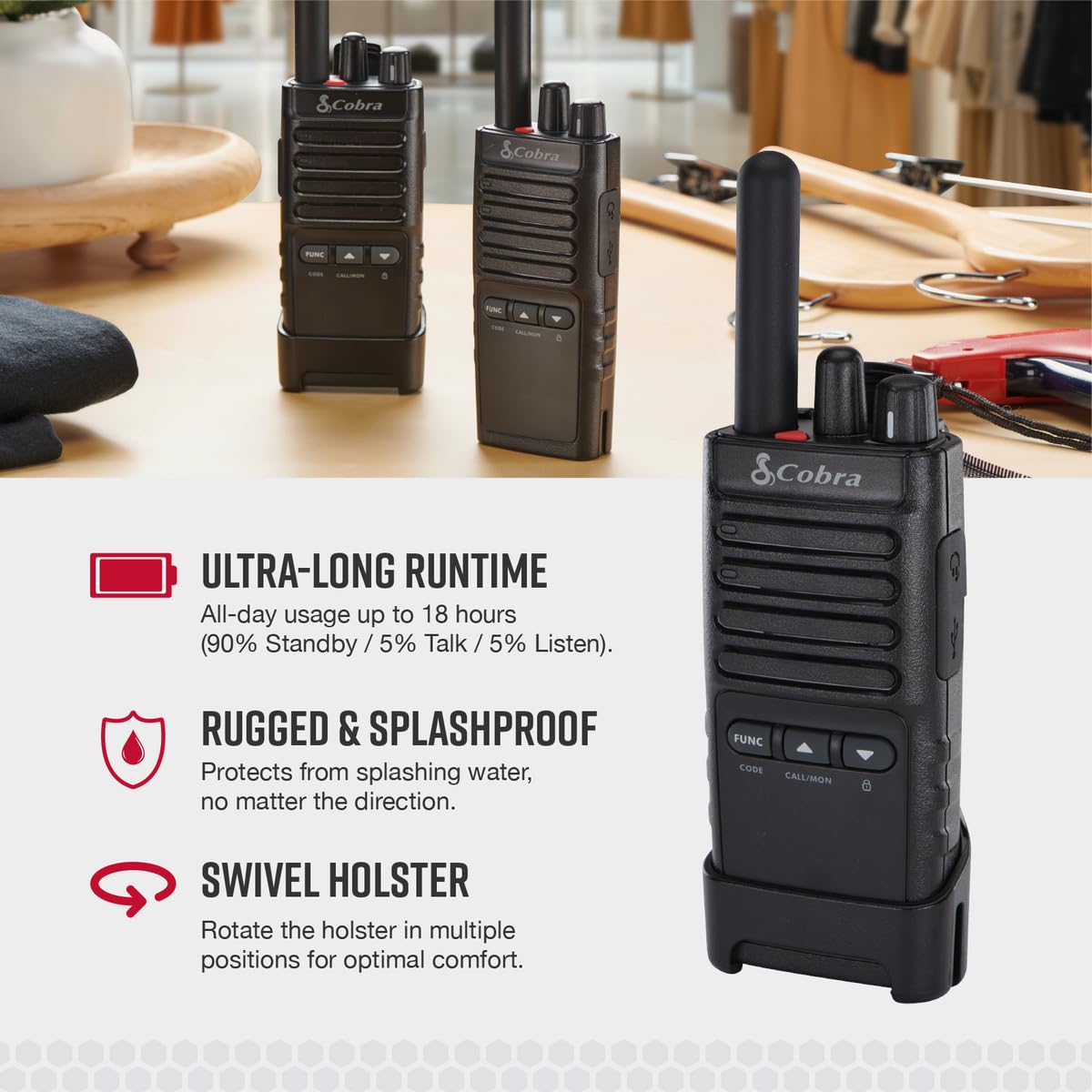 Cobra Px652 Professional Walkie Talkies   Rechargeable, 22 Channels, 300,000 Sq. Ft/25 Floor Range, Dust Protected & Splashproof (Ip54 Rating), Headsets And Chargers Included (2 Pack)