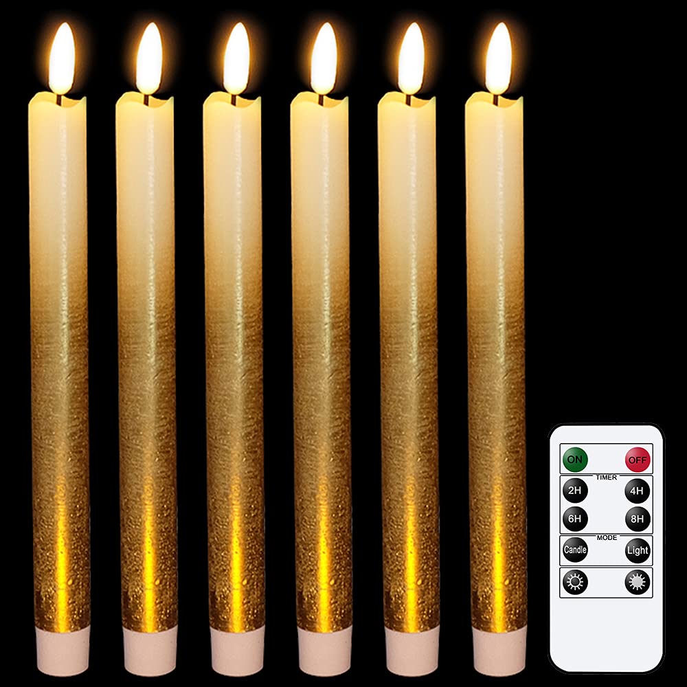 Wondise Gold Flameless Taper Candles With Timer & Remote, 9 Inch Battery Operated Led Flickering Window Candle For Christmas Tha