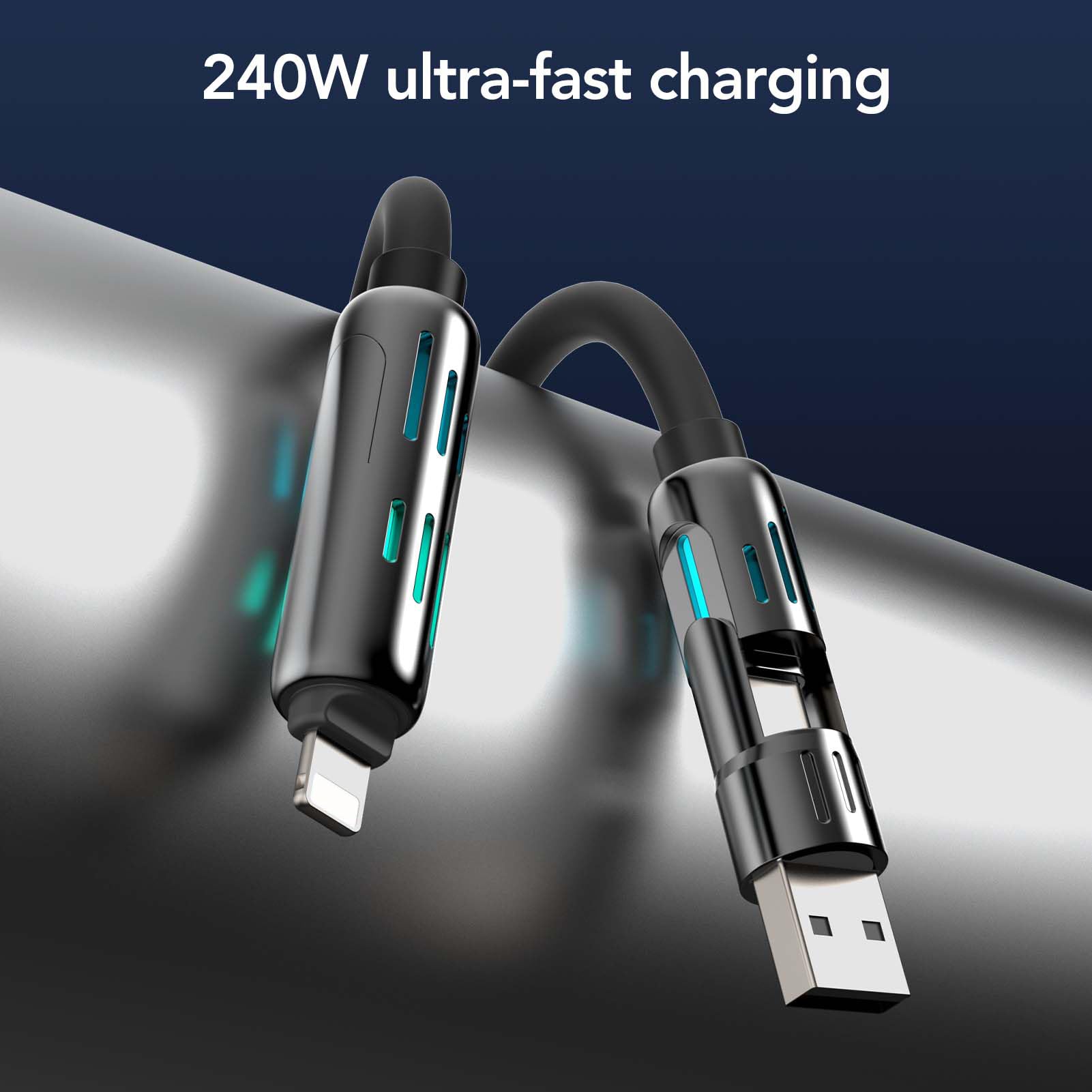 Mfish 4-In-1 Universal Usb Charging Cable With Carrying Case - 240W Max Fast Charger Cord, Usb-A, Dual Usb-C & Lighting, For Iph
