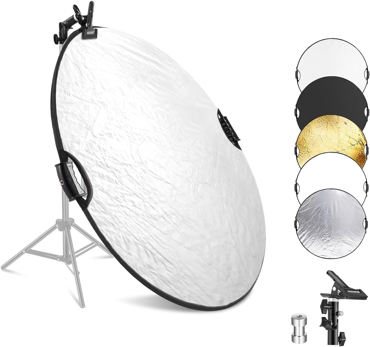 NEEWER 43/110cm Light Reflector with Clamp & Hand Grips, 5 In 1 Collapsible Multi Disc Photography Reflector Translucent/Silver/