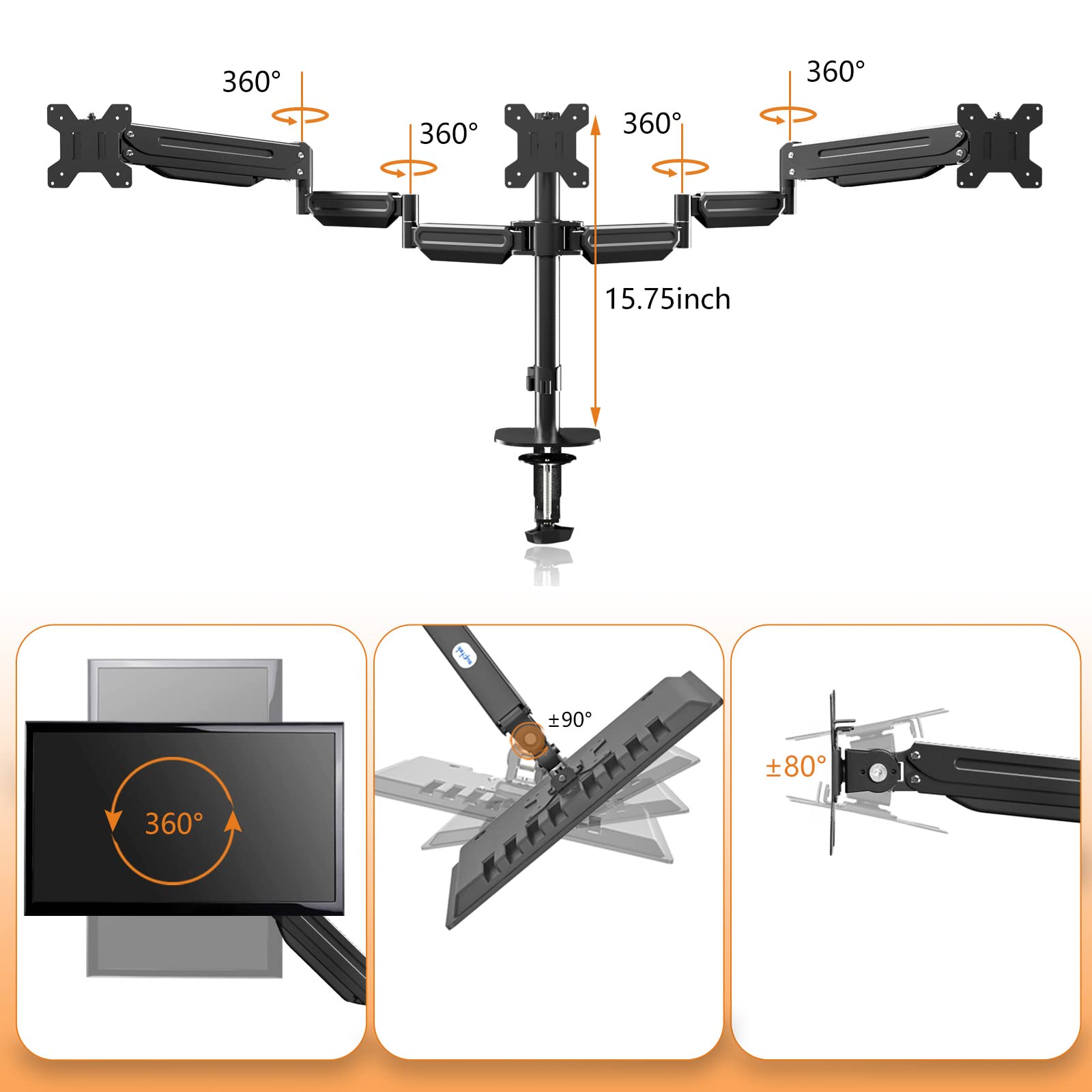 Pholiten Triple Monitor Stand,Triple Monitor Mount,Triple Gas Spring Monitor Arm,Monitor Stands For 3 Monitors,3 Monitor Desk Mo
